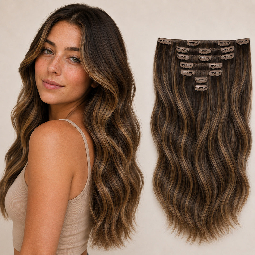Rooted Chocolate Brown Caramel Highlights #4/27 Seamless Clip-In Hair Extensions made with 100% Remy human hair