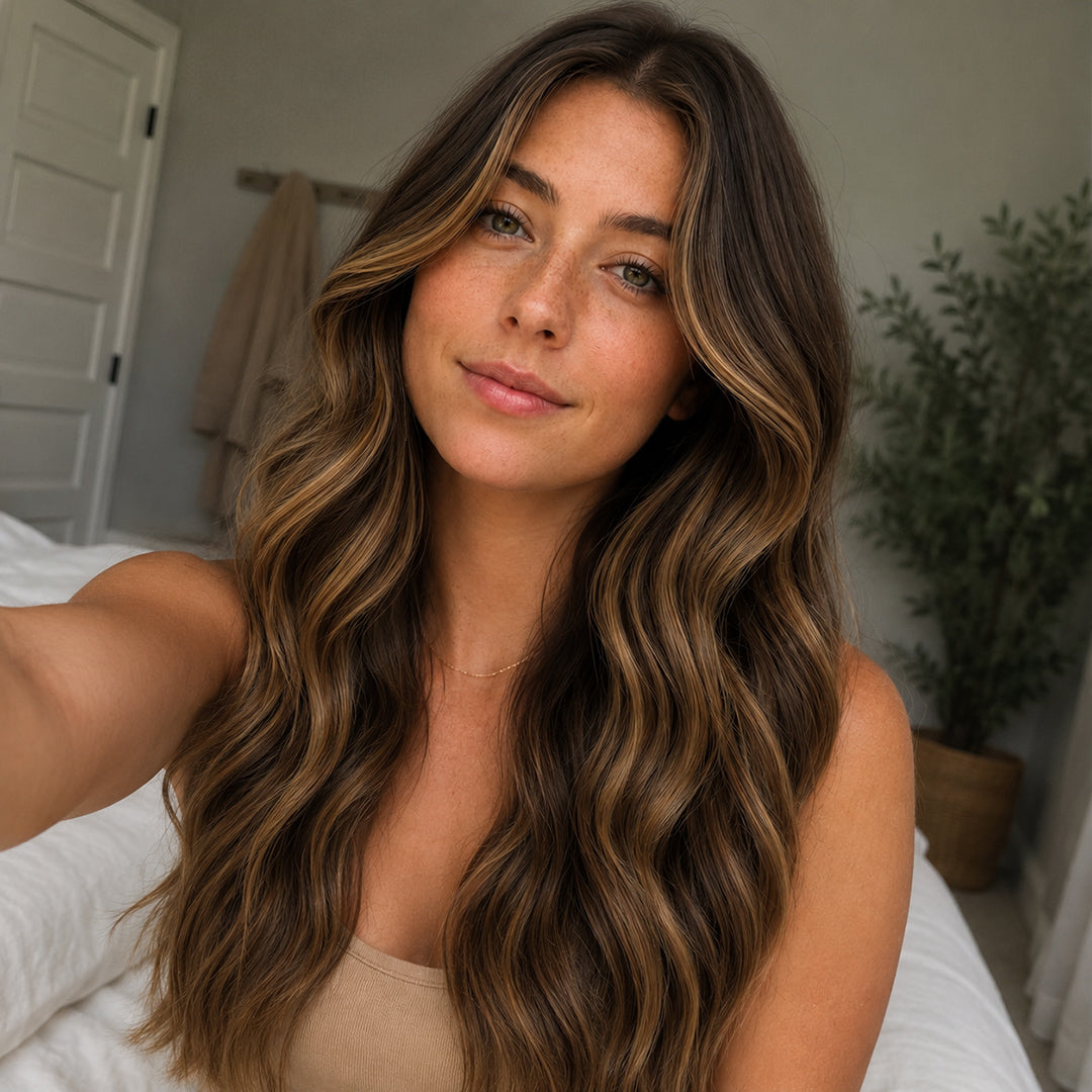Chocolate Brown Caramel Highlights #4/27 Remy human hair Clip-In Extensions for natural-looking volume and length
