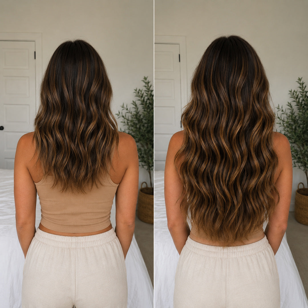 UNILOVELY Seamless Clip-In Hair Extensions in Chocolate Brown Caramel Highlights #4/27, 100% Remy human hair