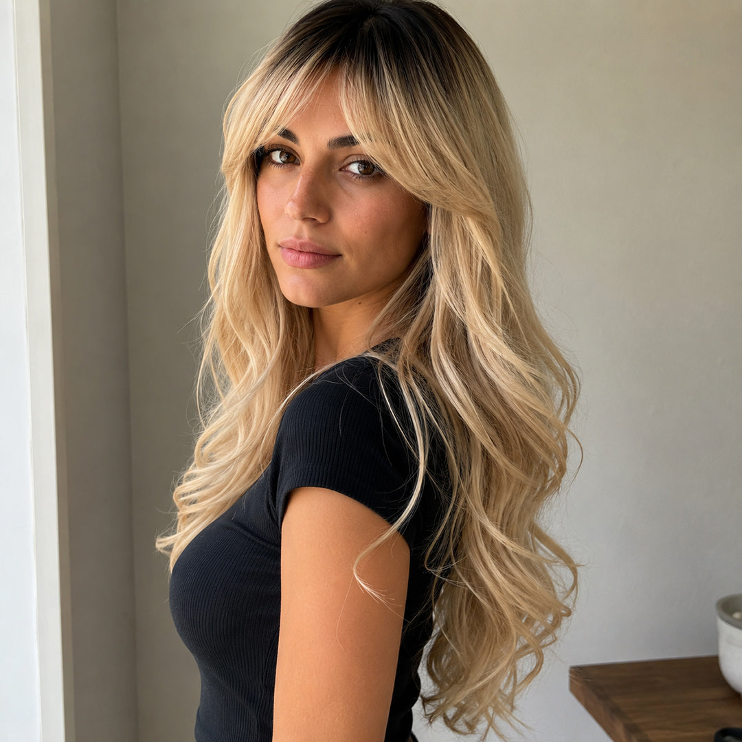 Summer synthetic wig, Rooted Blonde Curtain Bangs Long Wave, UNILOVELY