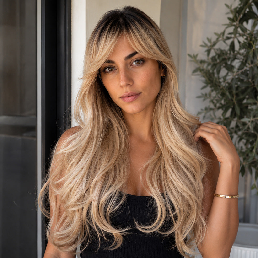 Alternate product view of Summer synthetic wig, Rooted Blonde Curtain Bangs Long Wave