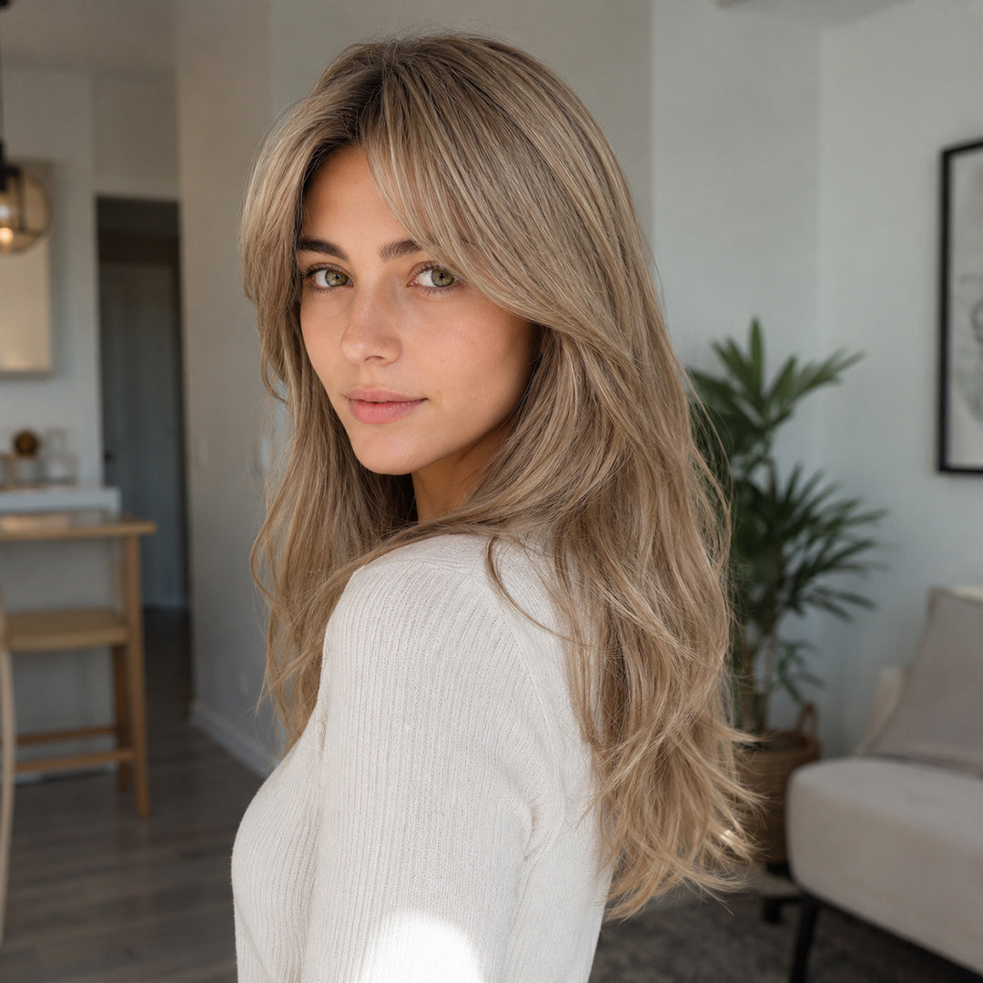 Alternate product view of Tessa synthetic wig, Ash Brown Layered Blowout