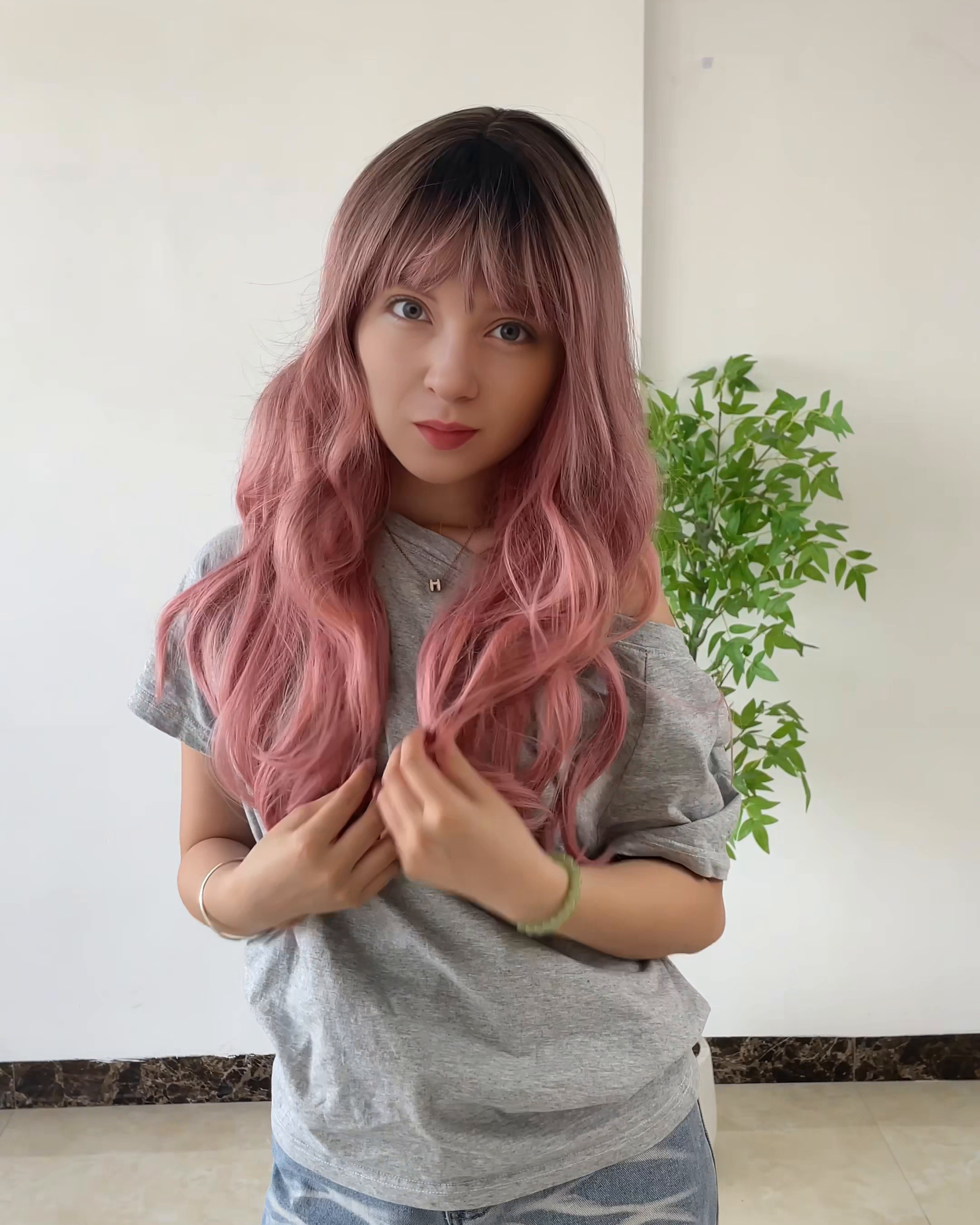 Pink Long Wavy Wig with Bangs