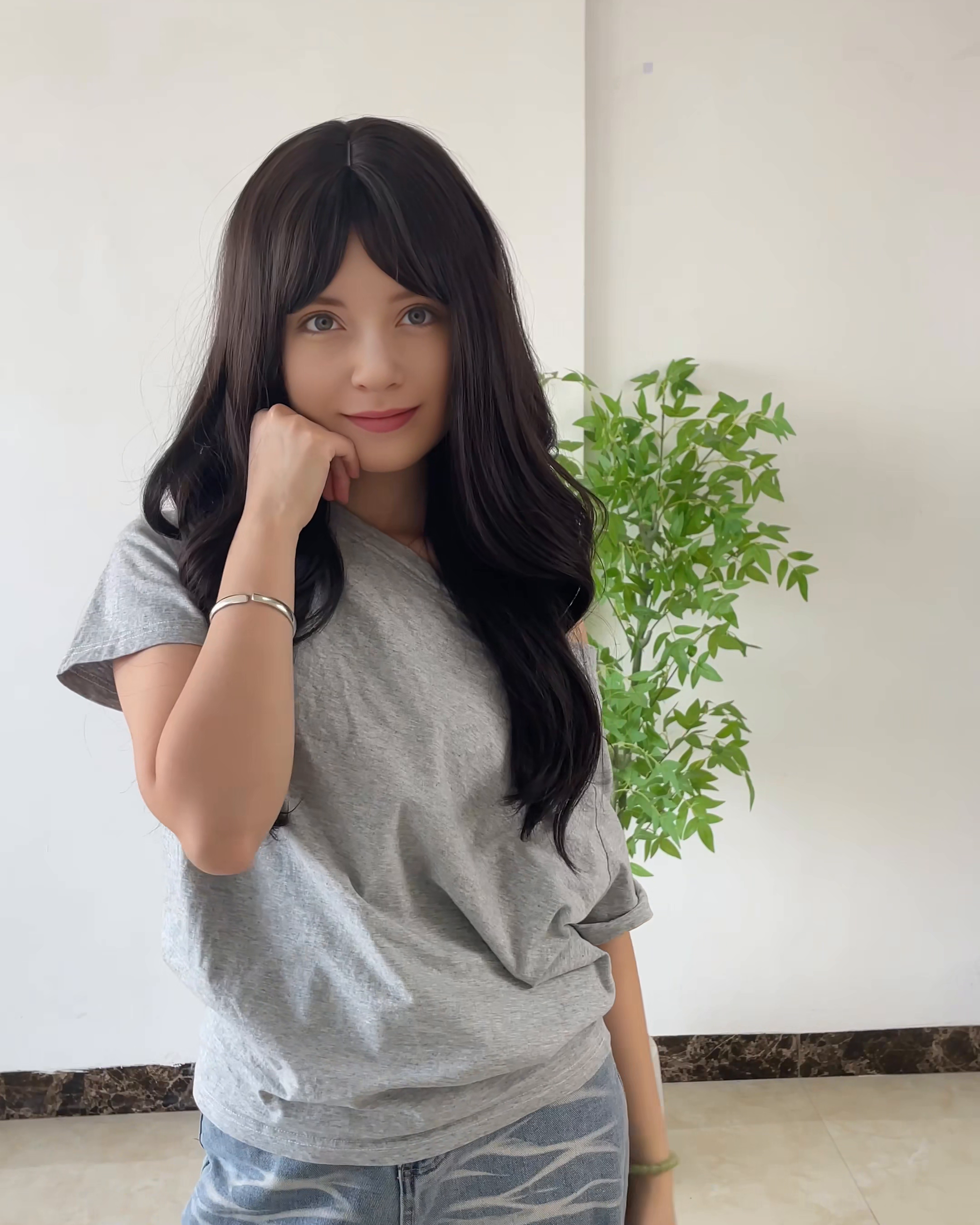Dark Brown Long Wavy Wig with Bangs