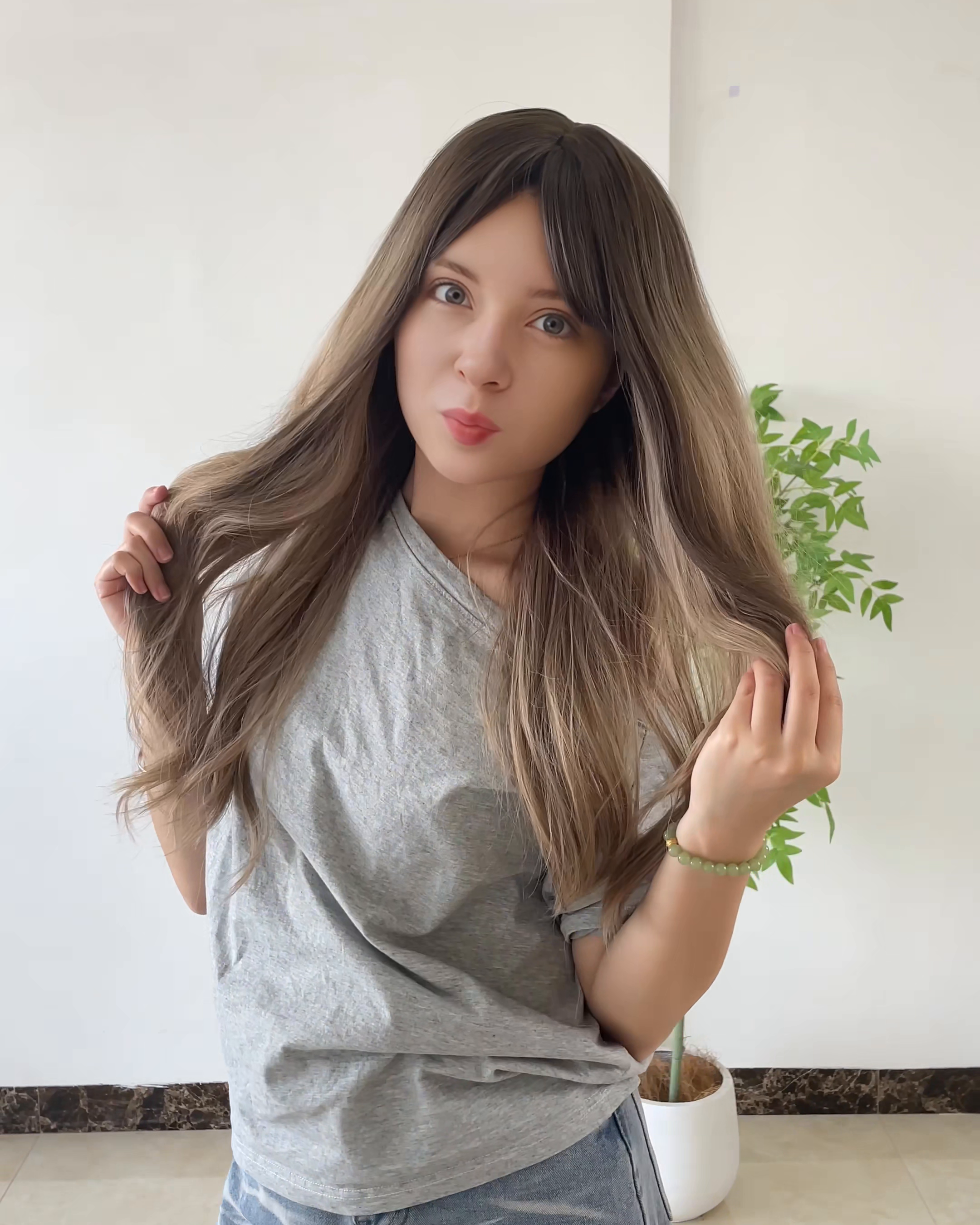 Brown Long Wavy Wig with Bangs