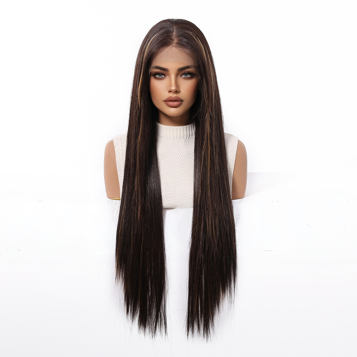 Hailey 30” Straight HD Lace Front Wig - Dark Brown with Blonde Highlights, Glueless & Heat Resistant