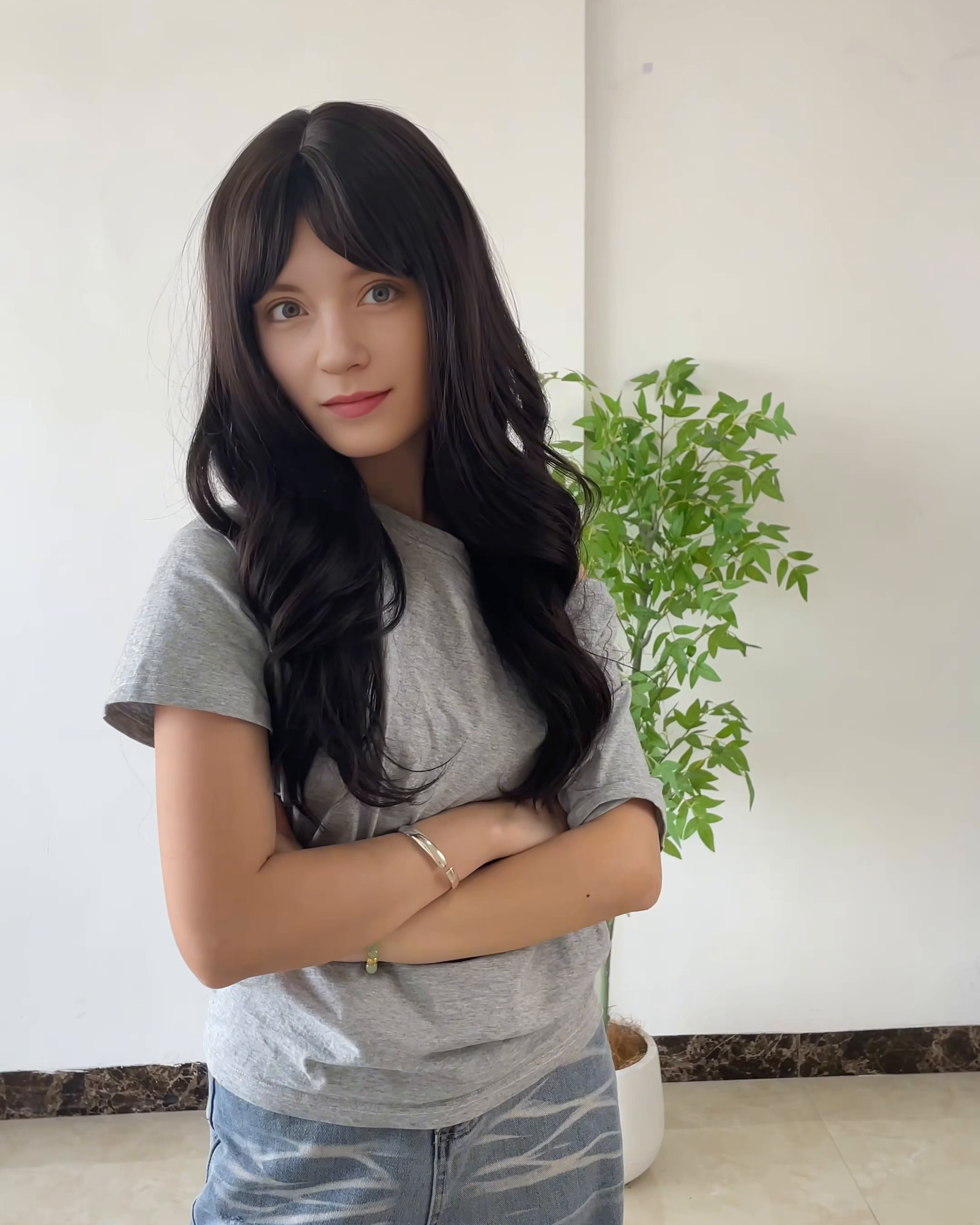 Dark Brown Long Wavy Wig with Bangs