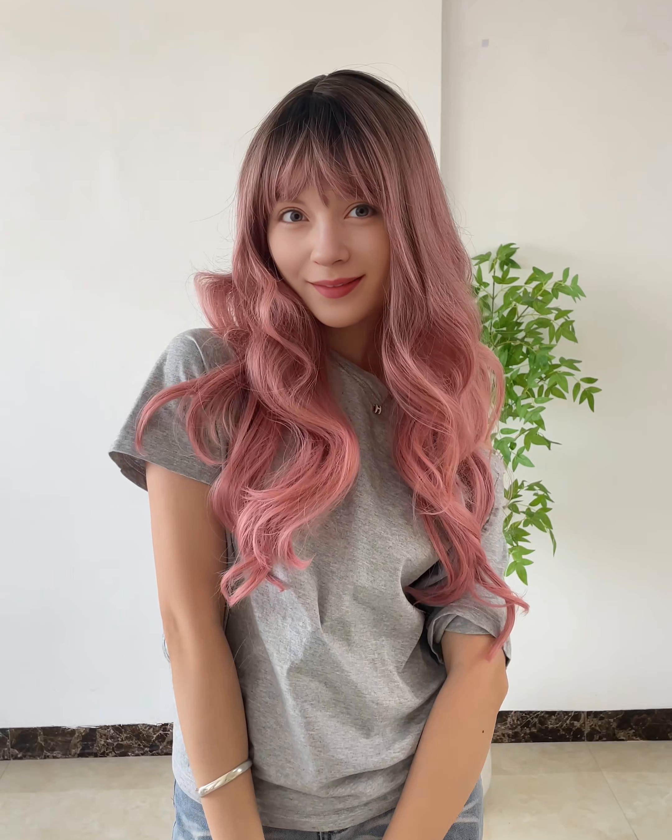Pink Long Wavy Wig with Bangs