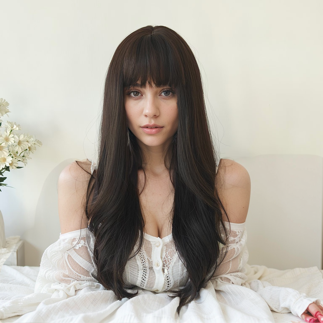 Emma Dark Brown Long Wavy Wig with Bangs