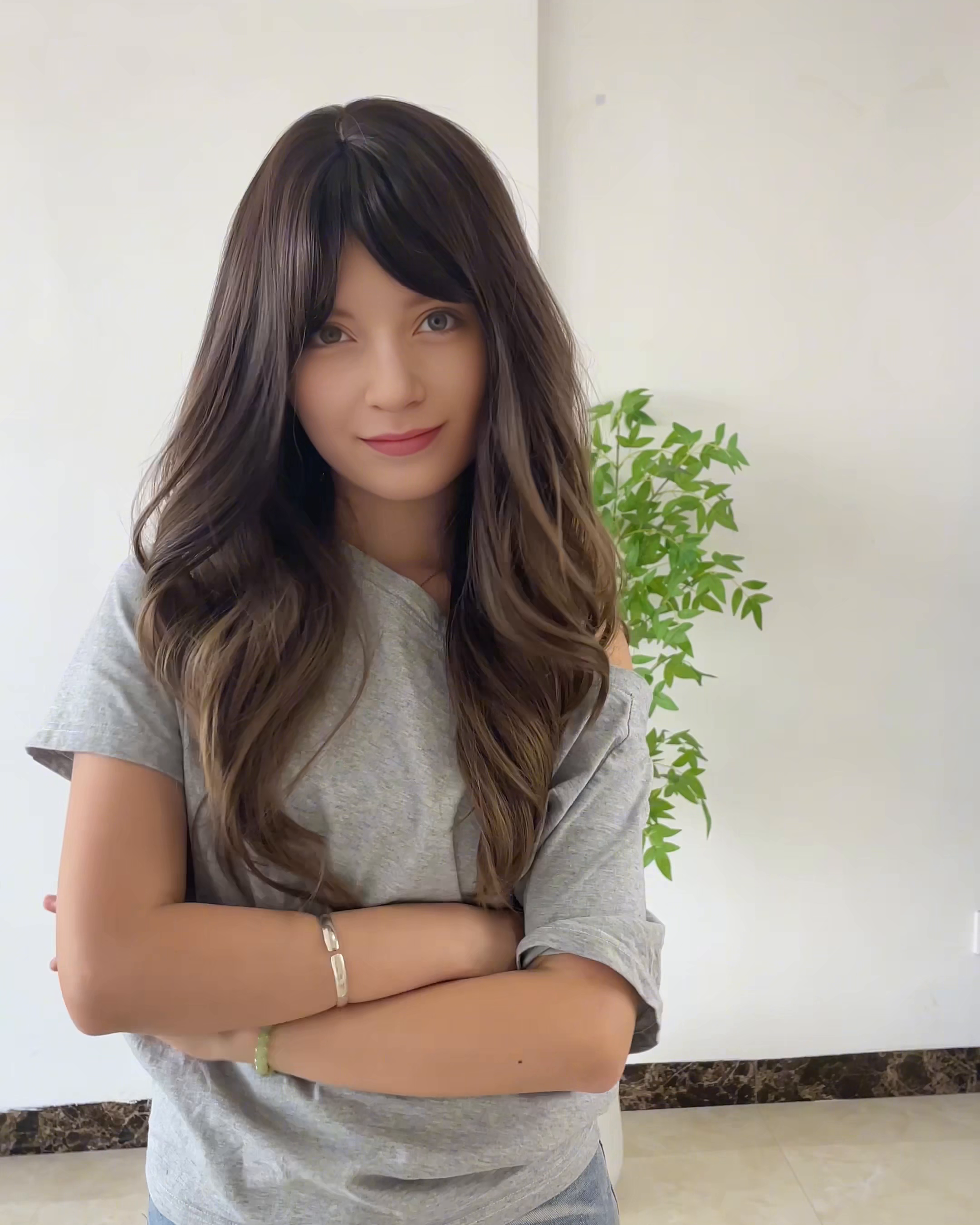 26 Inches Brown Long Wavy Wig with Bangs