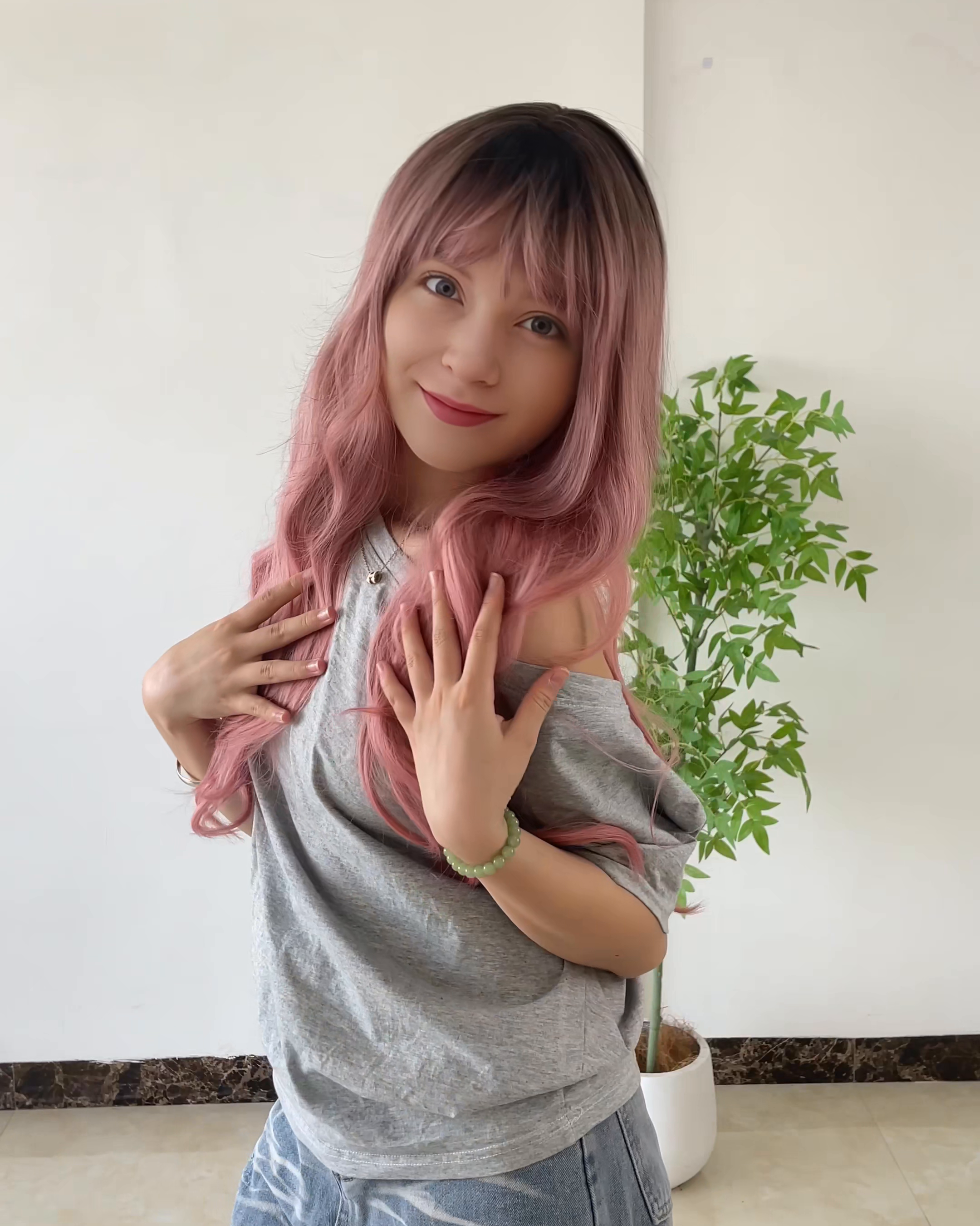 Pink Long Wavy Wig with Bangs