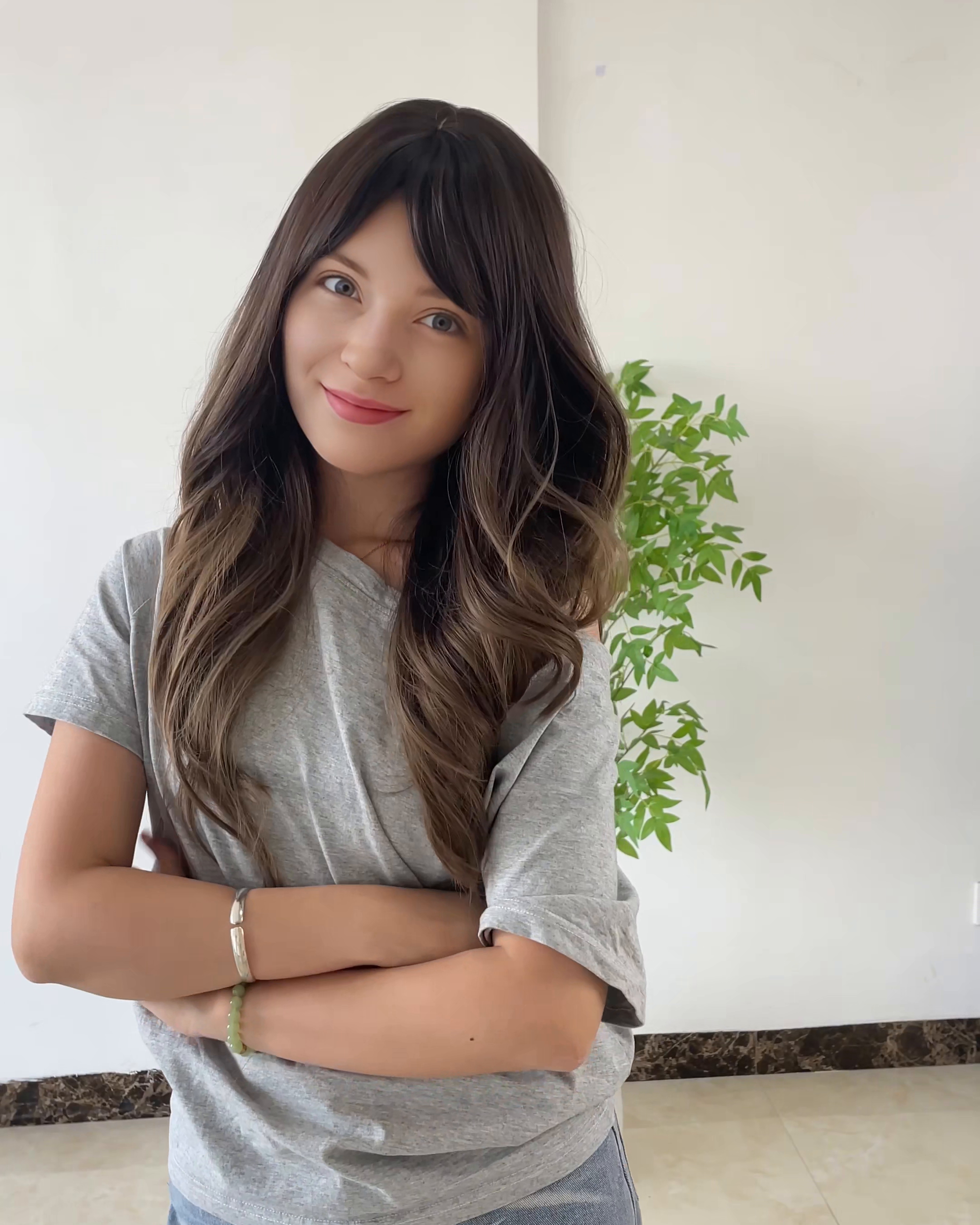 26 Inches Brown Long Wavy Wig with Bangs