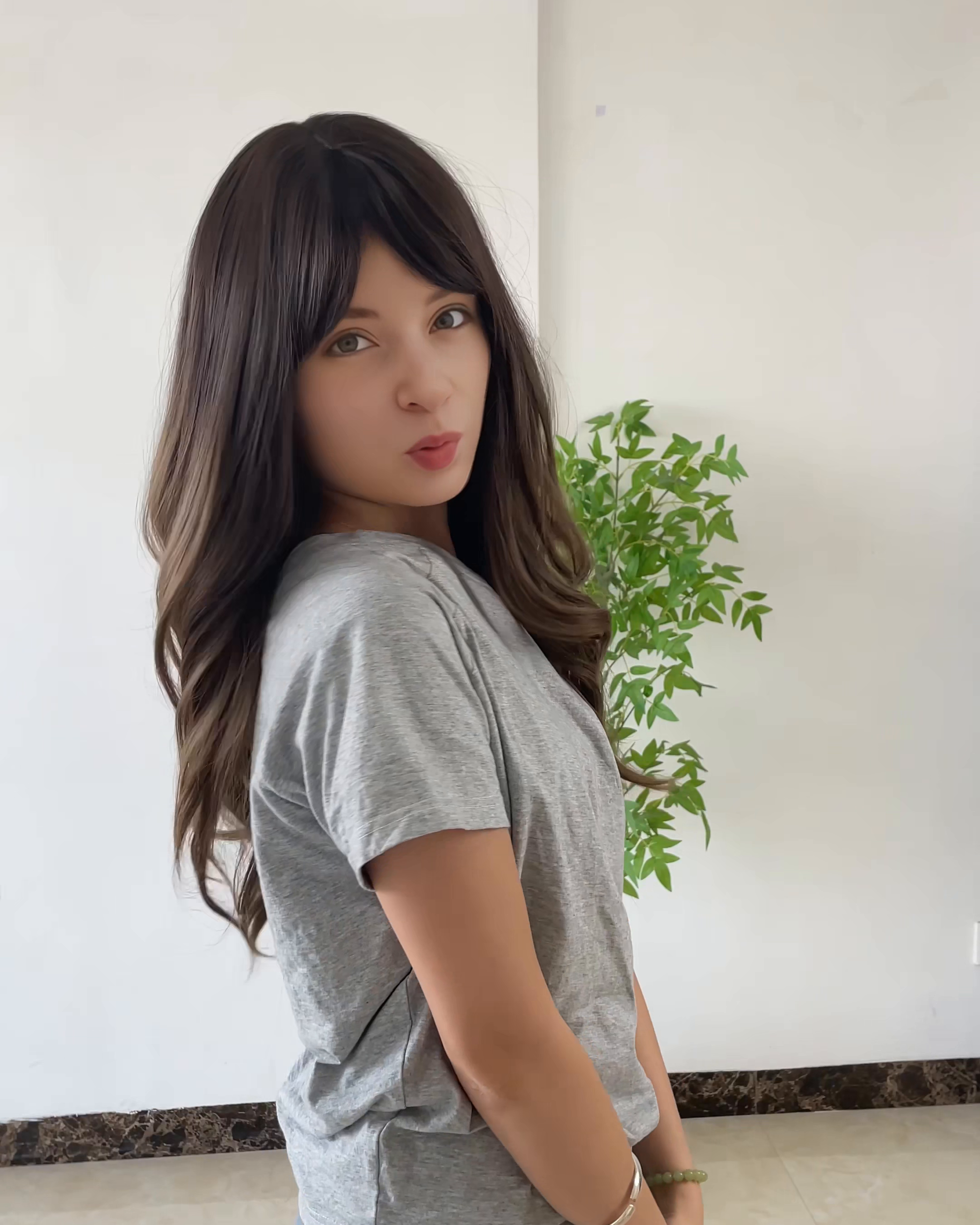 26 Inches Brown Long Wavy Wig with Bangs