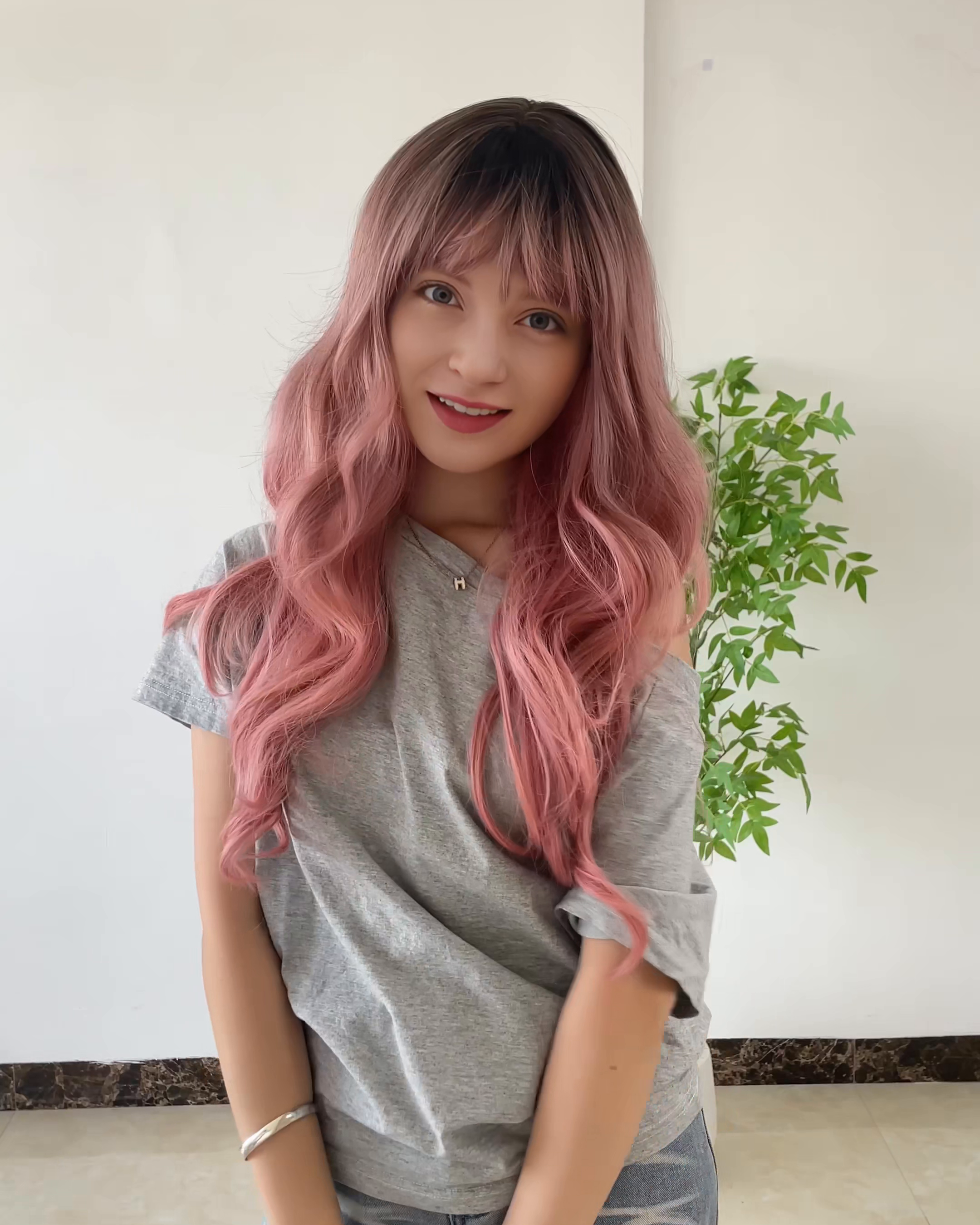 Pink Long Wavy Wig with Bangs