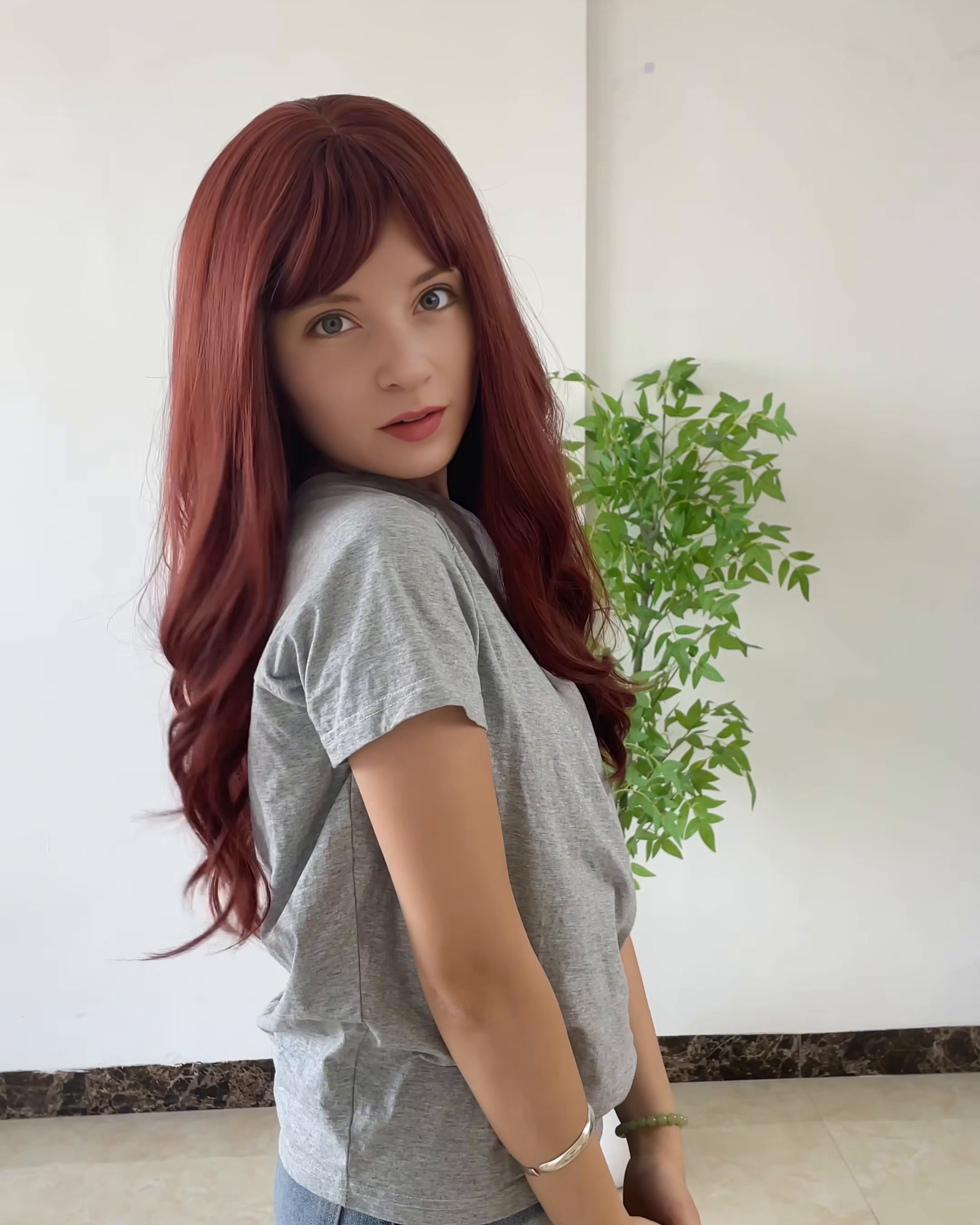 26 Inches Red Long Wavy Wig with Bangs