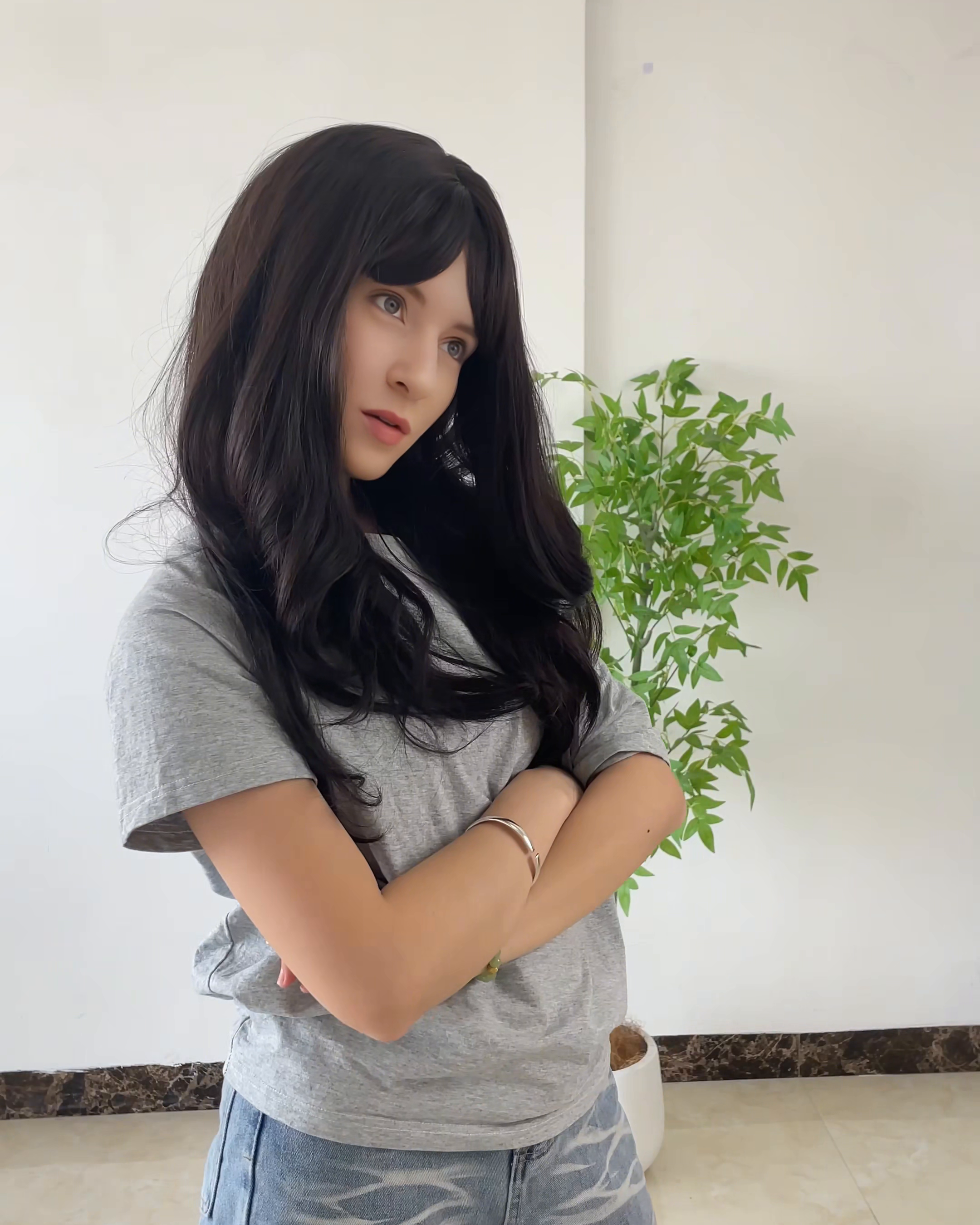 Dark Brown Long Wavy Wig with Bangs