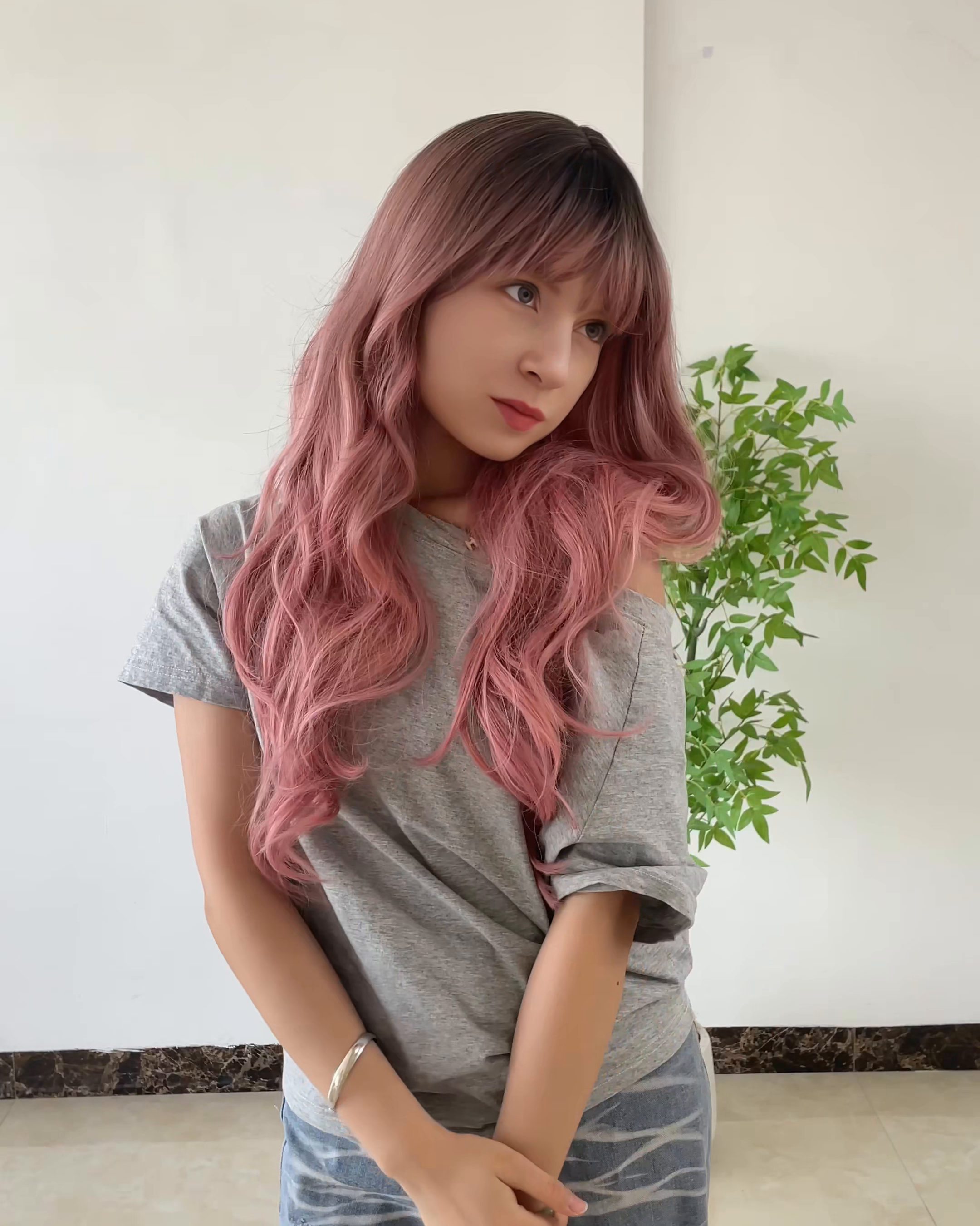 Pink Long Wavy Wig with Bangs