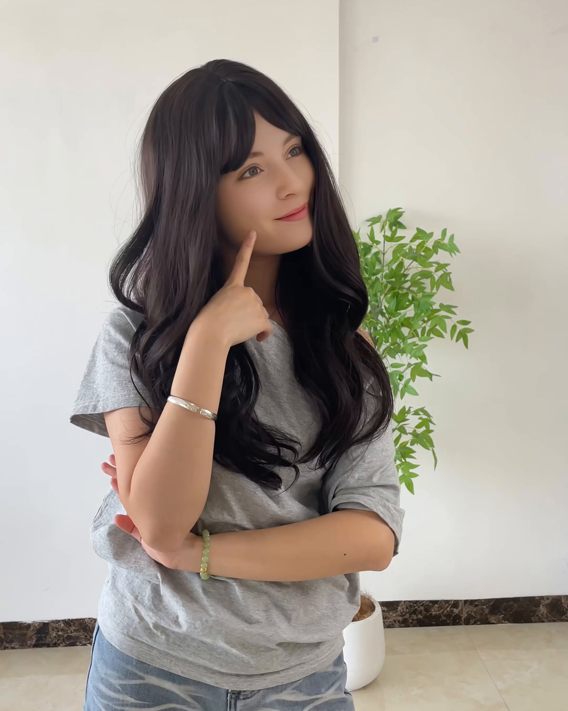 Dark Brown Long Wavy Wig with Bangs