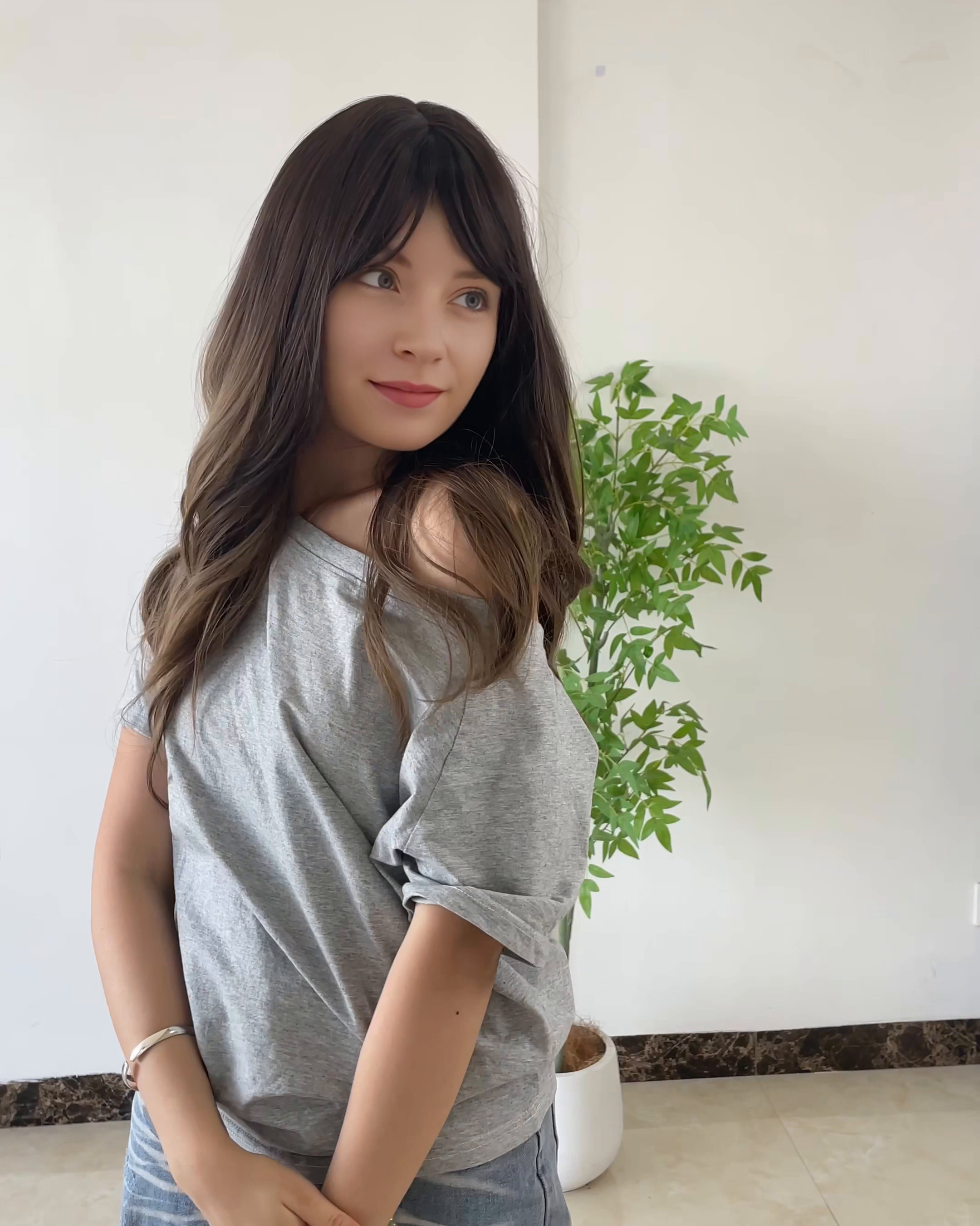 26 Inches Brown Long Wavy Wig with Bangs