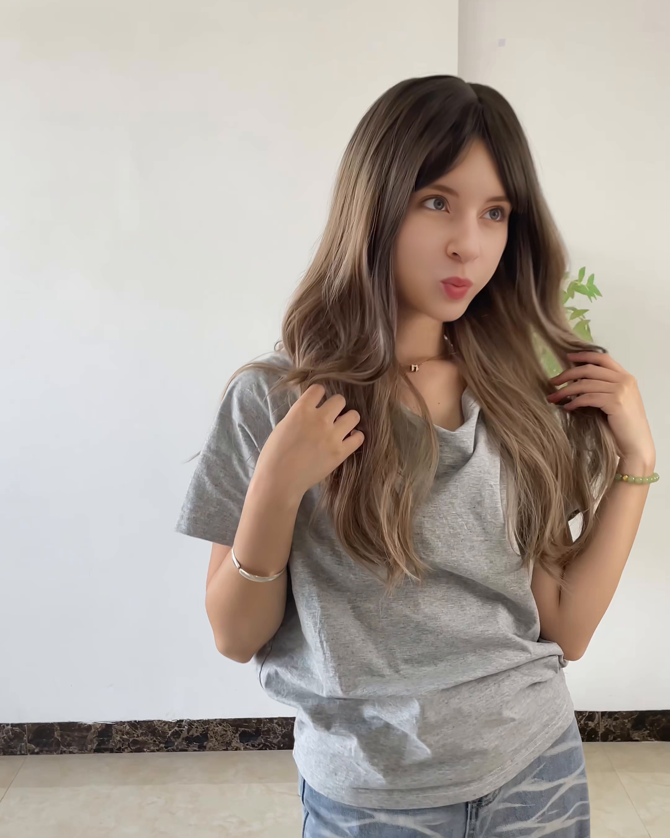 Brown Long Wavy Wig with Bangs