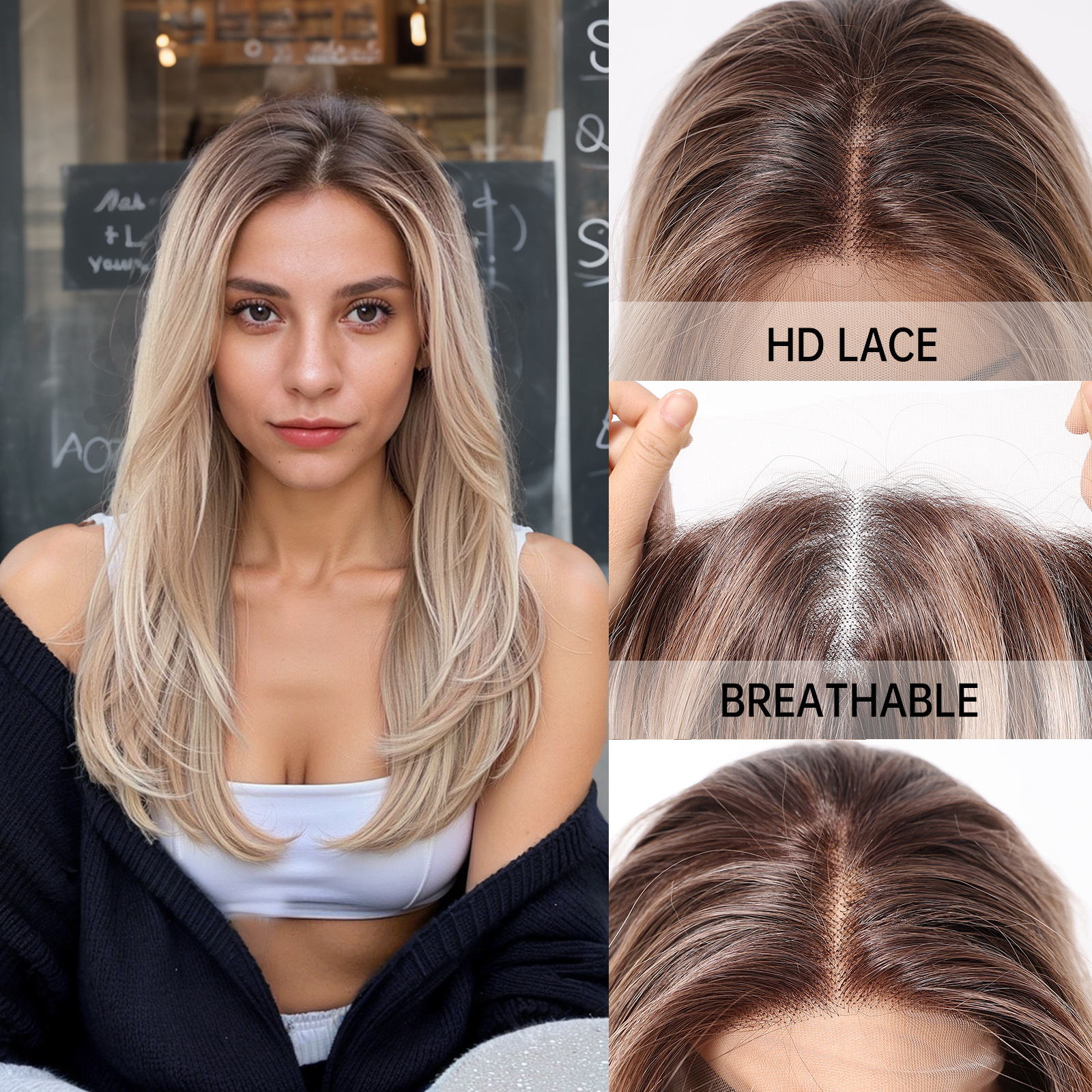 Harper 18” Loose Wave HD Lace Front Wig - Ombre Blonde, 100% Hand-Tied Mono Top