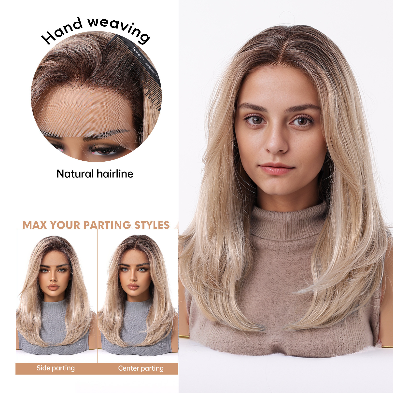 Harper 18” Loose Wave HD Lace Front Wig - Ombre Blonde, 100% Hand-Tied Mono Top