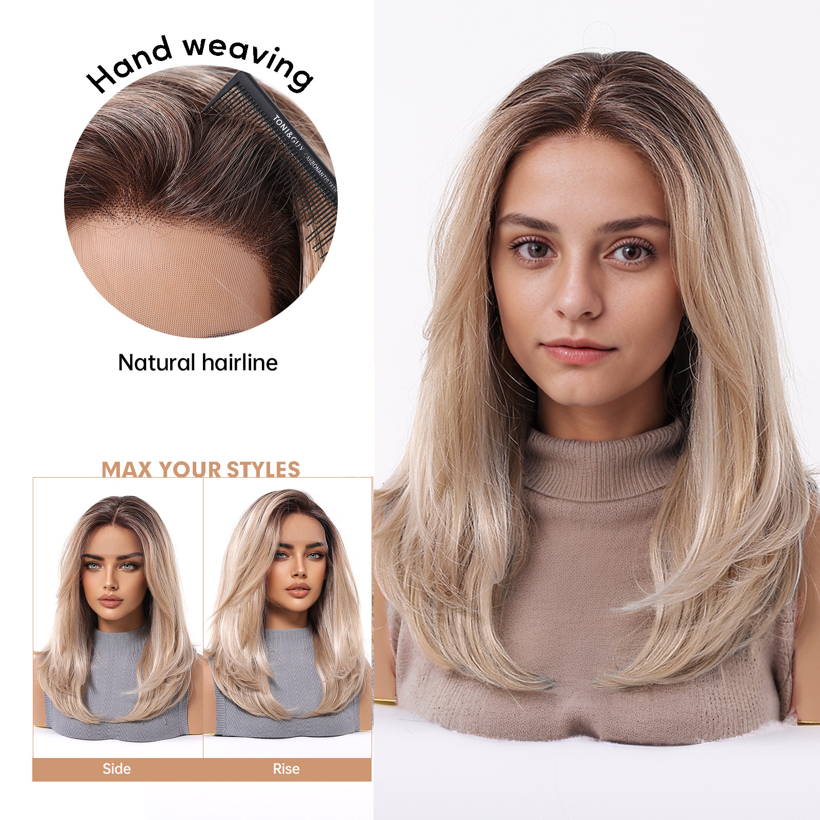Harper 18” Loose Wave HD Lace Front Wig - Ombre Blonde, 100% Hand-Tied Mono Top