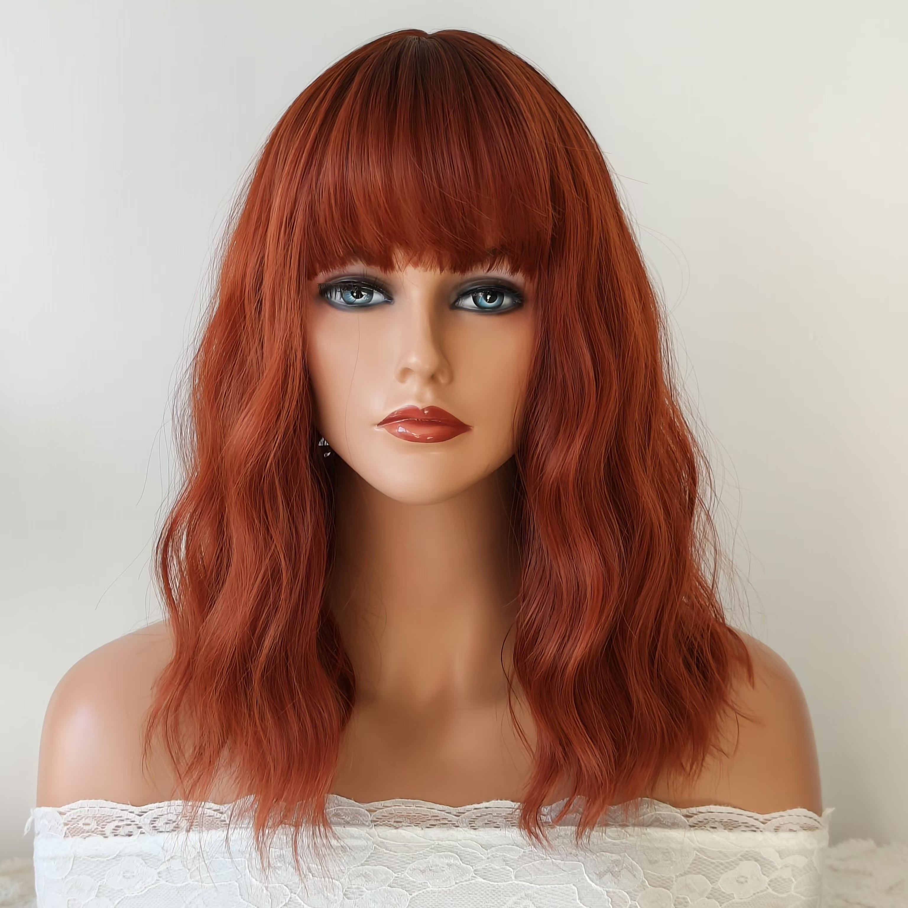 Madison Red Brown Short Wavy Wig with Bangs