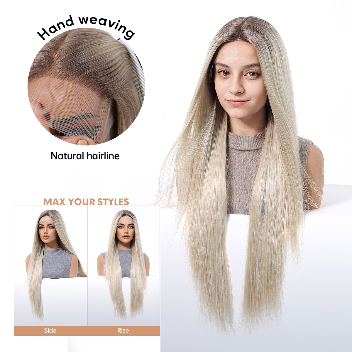Straight HD Lace Front Wig - Ombre Ash Blonde, 100% Hand-Tied Mono Top, 30 Inch (76cm)