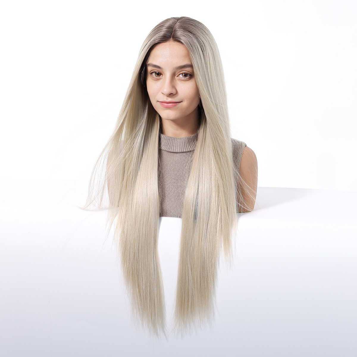 Straight HD Lace Front Wig - Ombre Ash Blonde, 100% Hand-Tied Mono Top, 30 Inch (76cm)