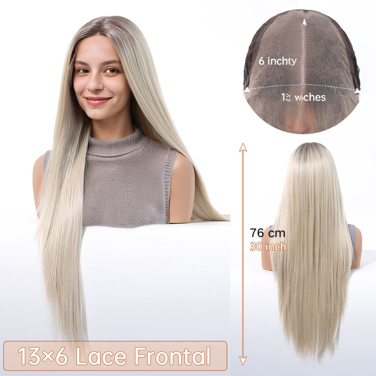 Straight HD Lace Front Wig - Ombre Ash Blonde, 100% Hand-Tied Mono Top, 30 Inch (76cm)