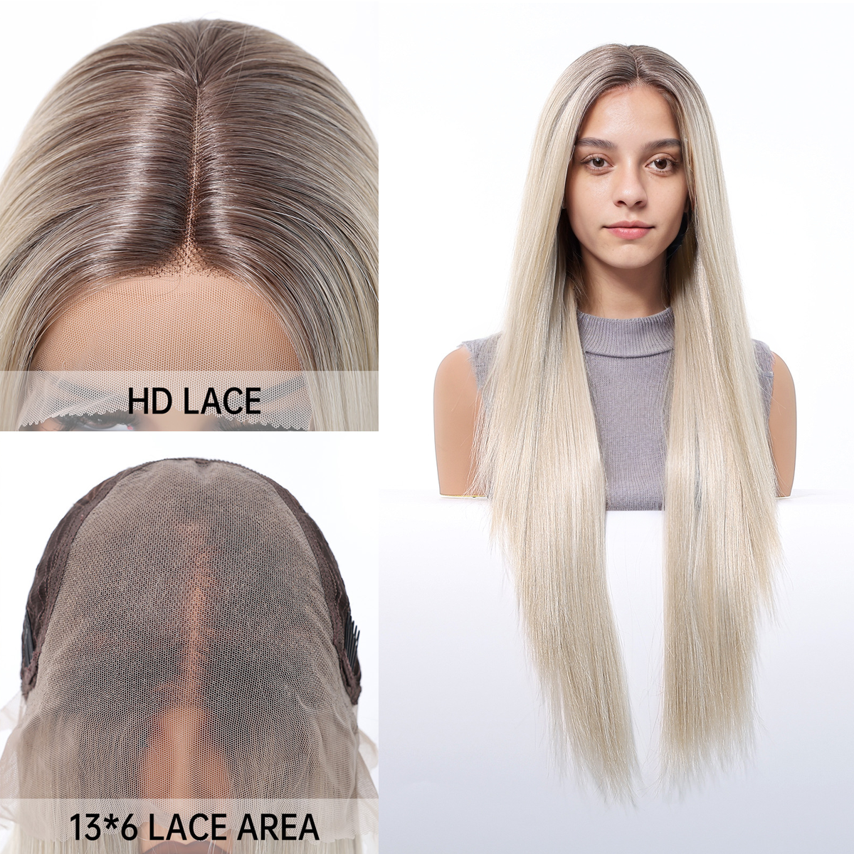 Straight HD Lace Front Wig - Ombre Ash Blonde, 100% Hand-Tied Mono Top, 30 Inch (76cm)