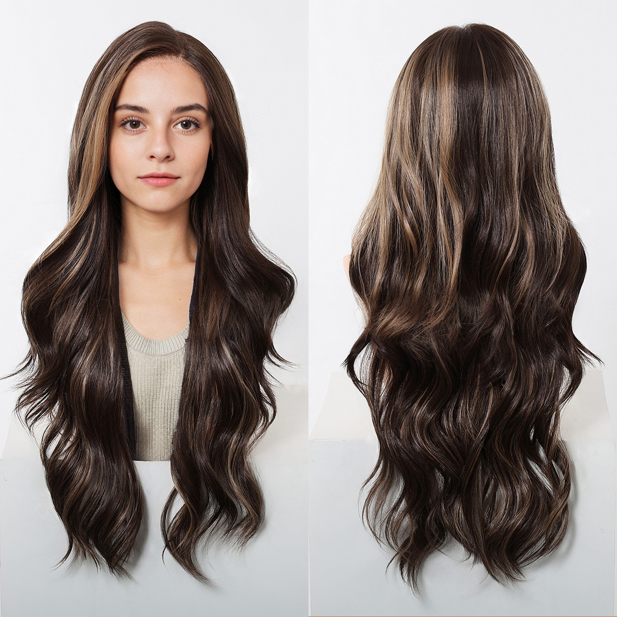 Delilah 26” Body Wave HD Lace Front Wig - Brown with Blonde Highlights, Beginner-Friendly