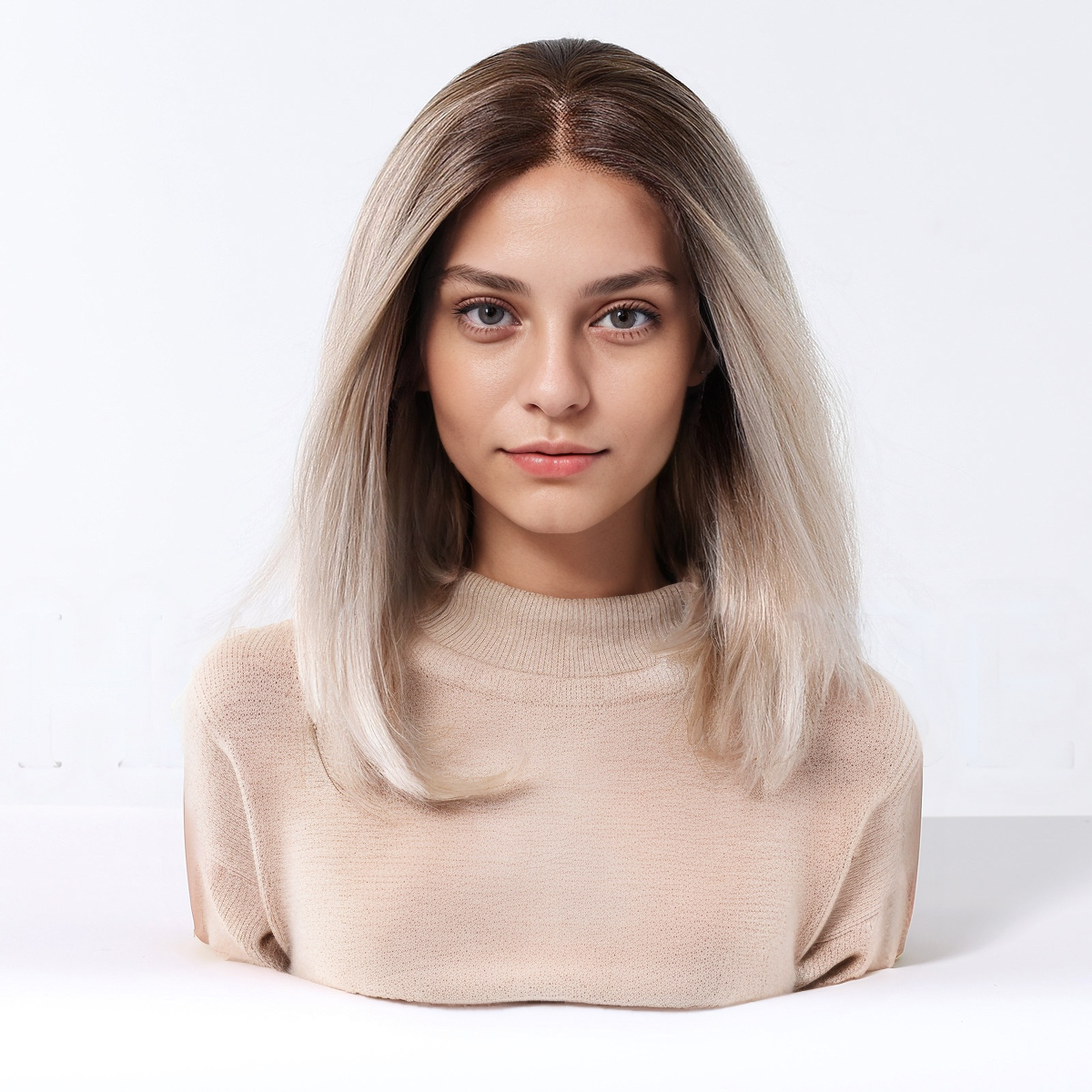 Straight HD Lace Front Wig - Ombre White Blonde, Pre-Plucked Hairline, Hand-Tied, 12 Inch (30cm)
