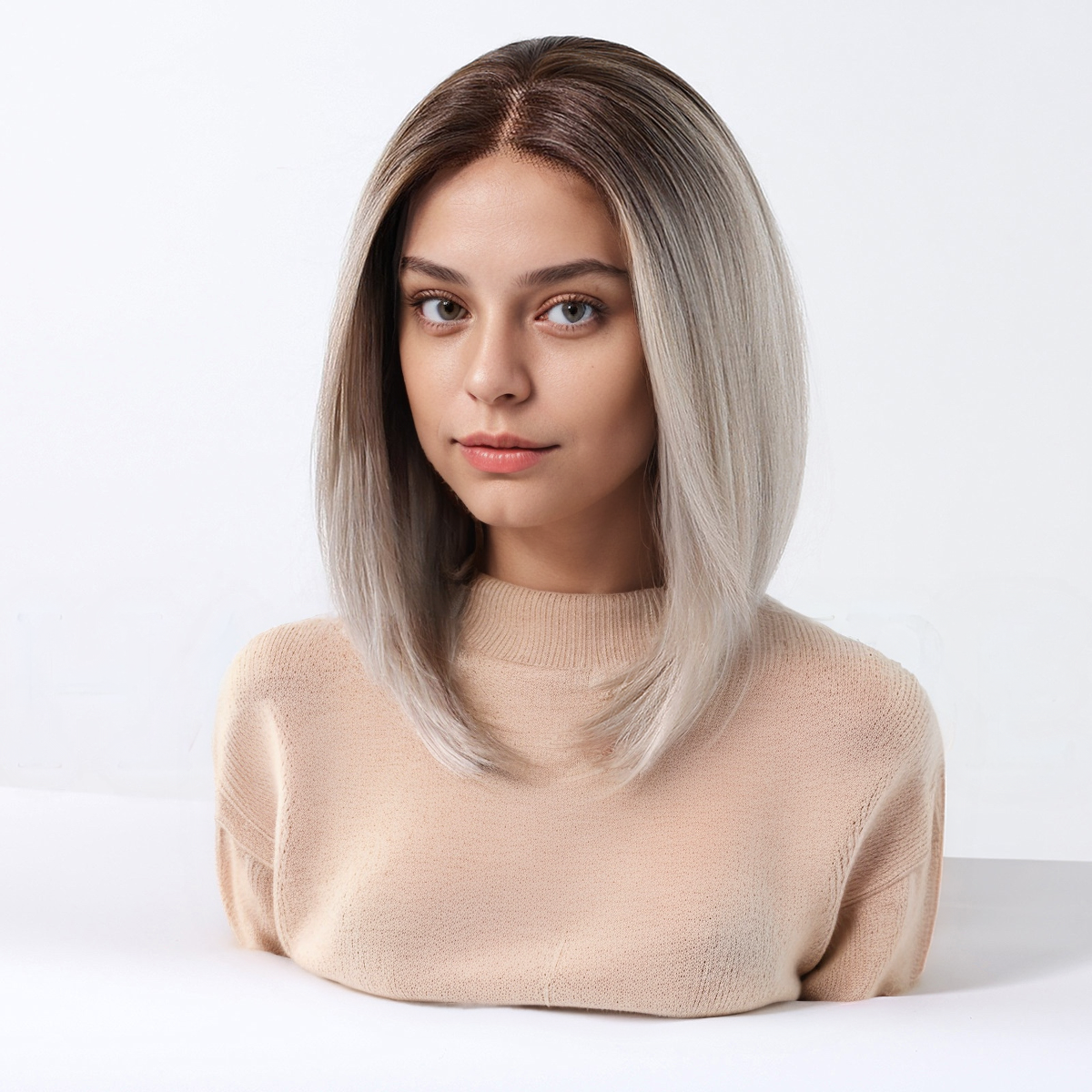 Straight HD Lace Front Wig - Ombre White Blonde, Pre-Plucked Hairline, Hand-Tied, 12 Inch (30cm)