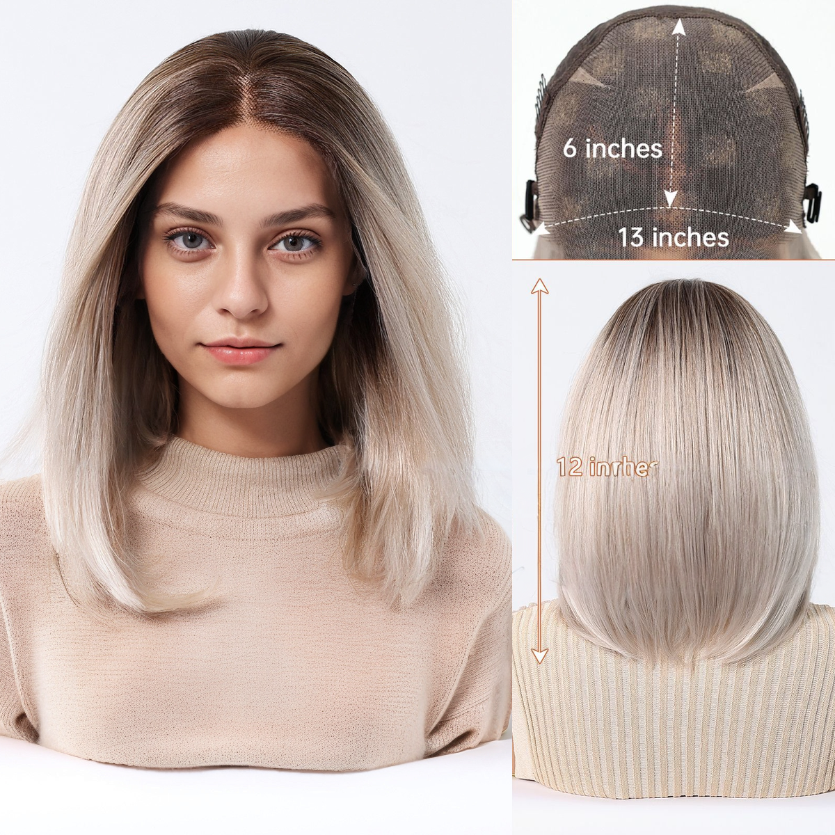Straight HD Lace Front Wig - Ombre White Blonde, Pre-Plucked Hairline, Hand-Tied, 12 Inch (30cm)