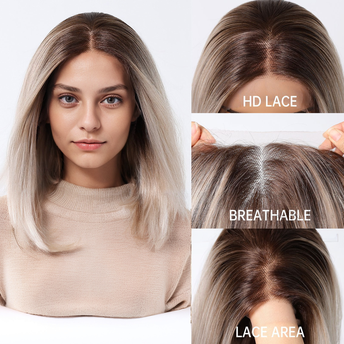 Straight HD Lace Front Wig - Ombre White Blonde, Pre-Plucked Hairline, Hand-Tied, 12 Inch (30cm)