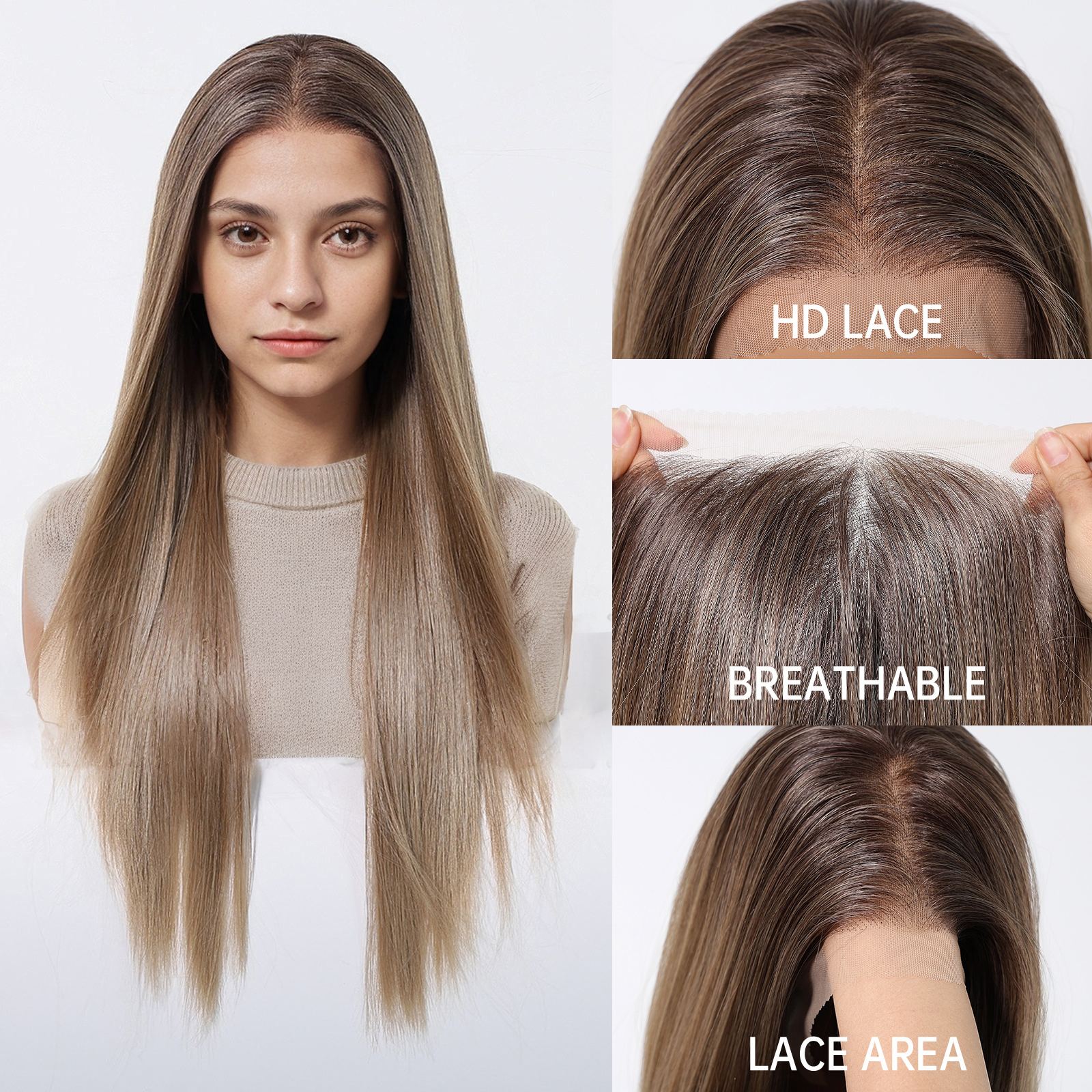 Straight HD Lace Front Wig - Ombre Brown, Beginner-Friendly, 26 Inch (66cm)