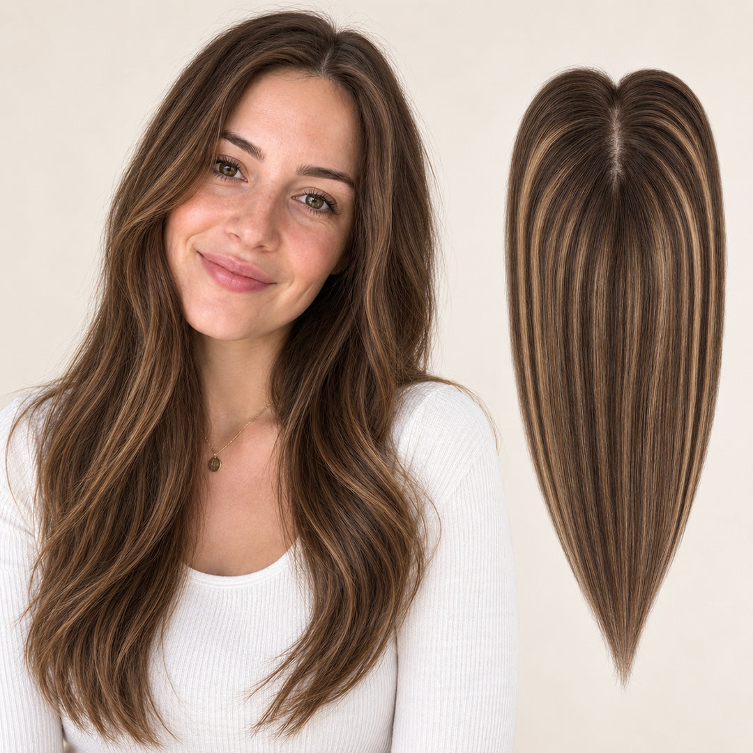UNILOVELY Monofilament Human Hair Topper Sample, Dark Brown Caramel Highlights #2/6/27