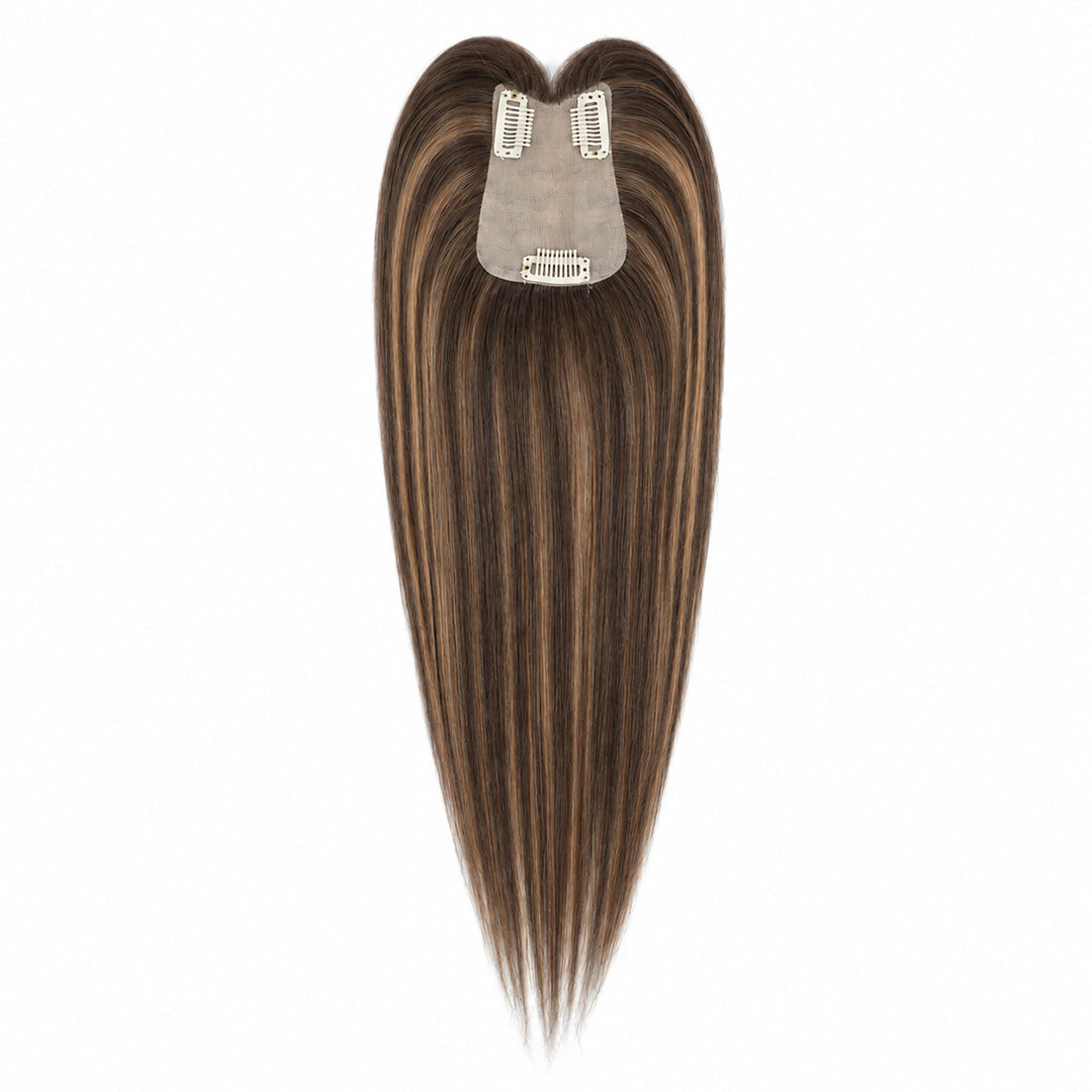 UNILOVELY Monofilament Human Hair Topper Sample, Dark Brown Caramel Highlights #2/6/27