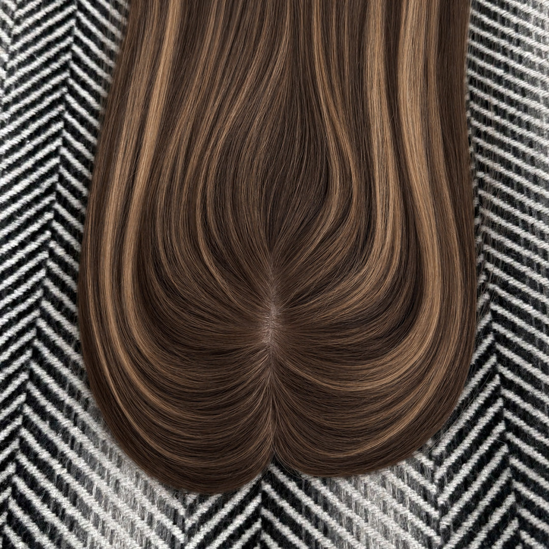 UNILOVELY Monofilament Human Hair Topper Sample, Dark Brown Caramel Highlights #2/6/27