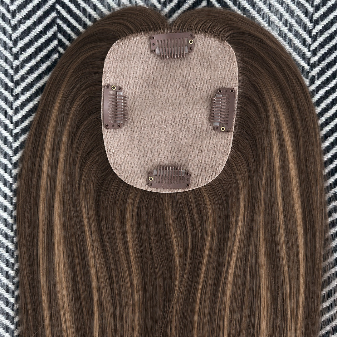 UNILOVELY Monofilament Human Hair Topper Sample, Dark Brown Caramel Highlights #2/6/27