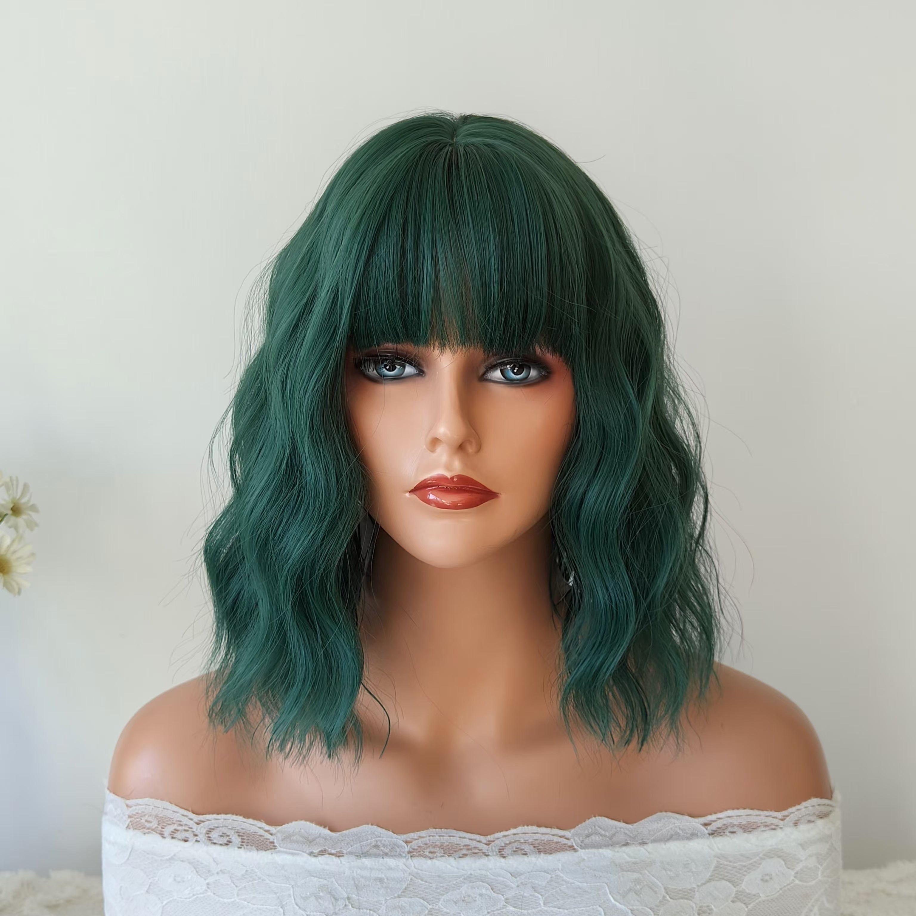 Paisley Green Short Wavy Wig with bangs