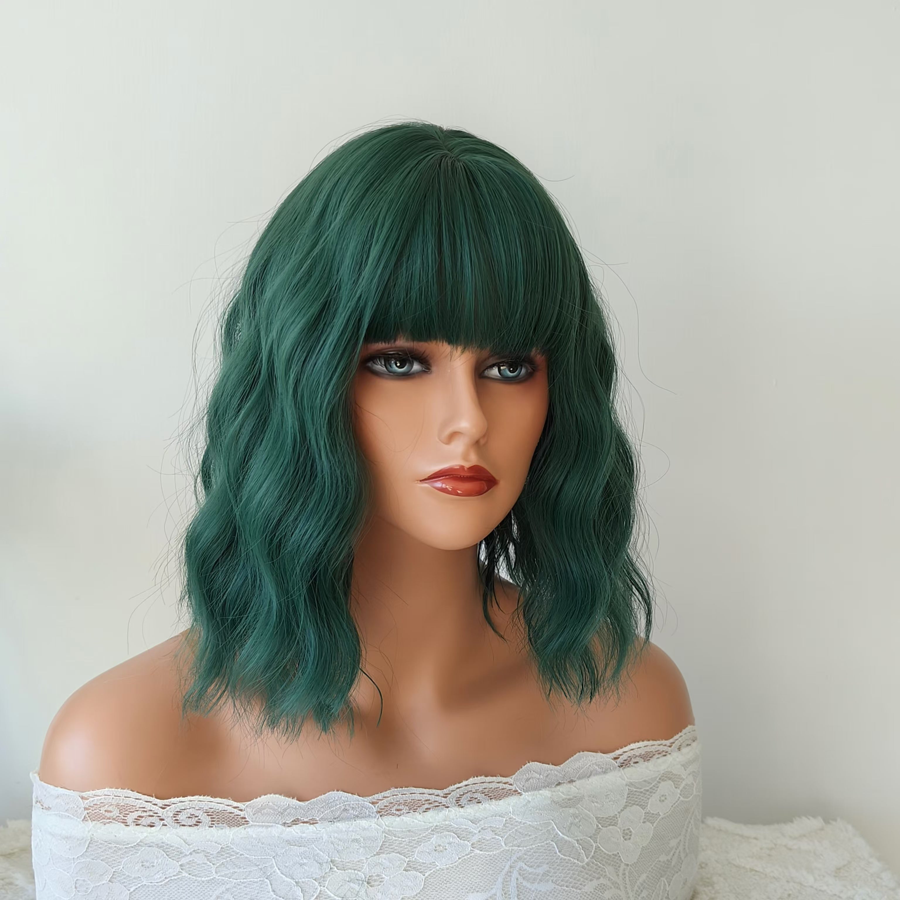 Paisley Green Short Wavy Wig with bangs