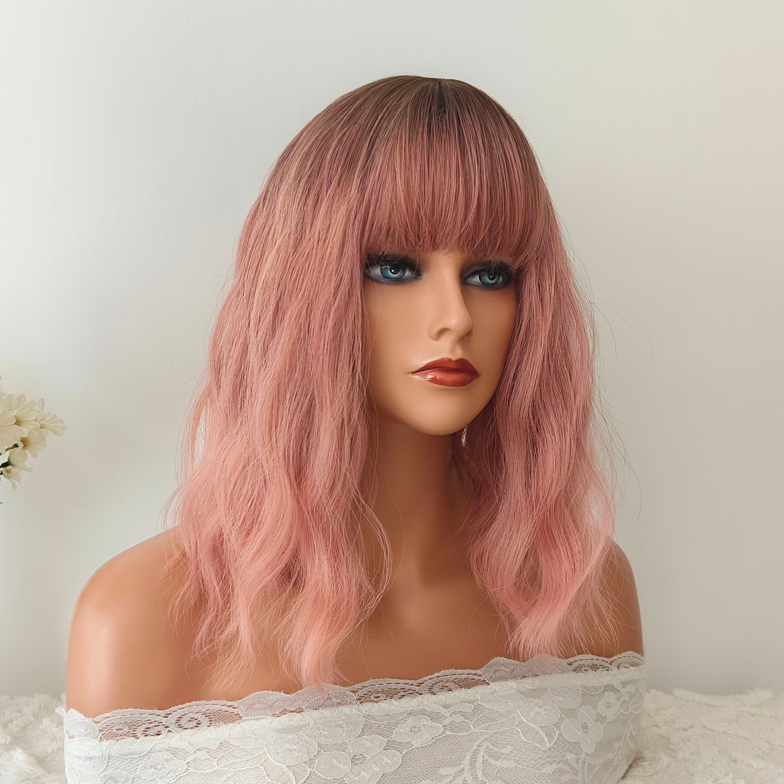 Pink Short Wavy Wig with Bangs