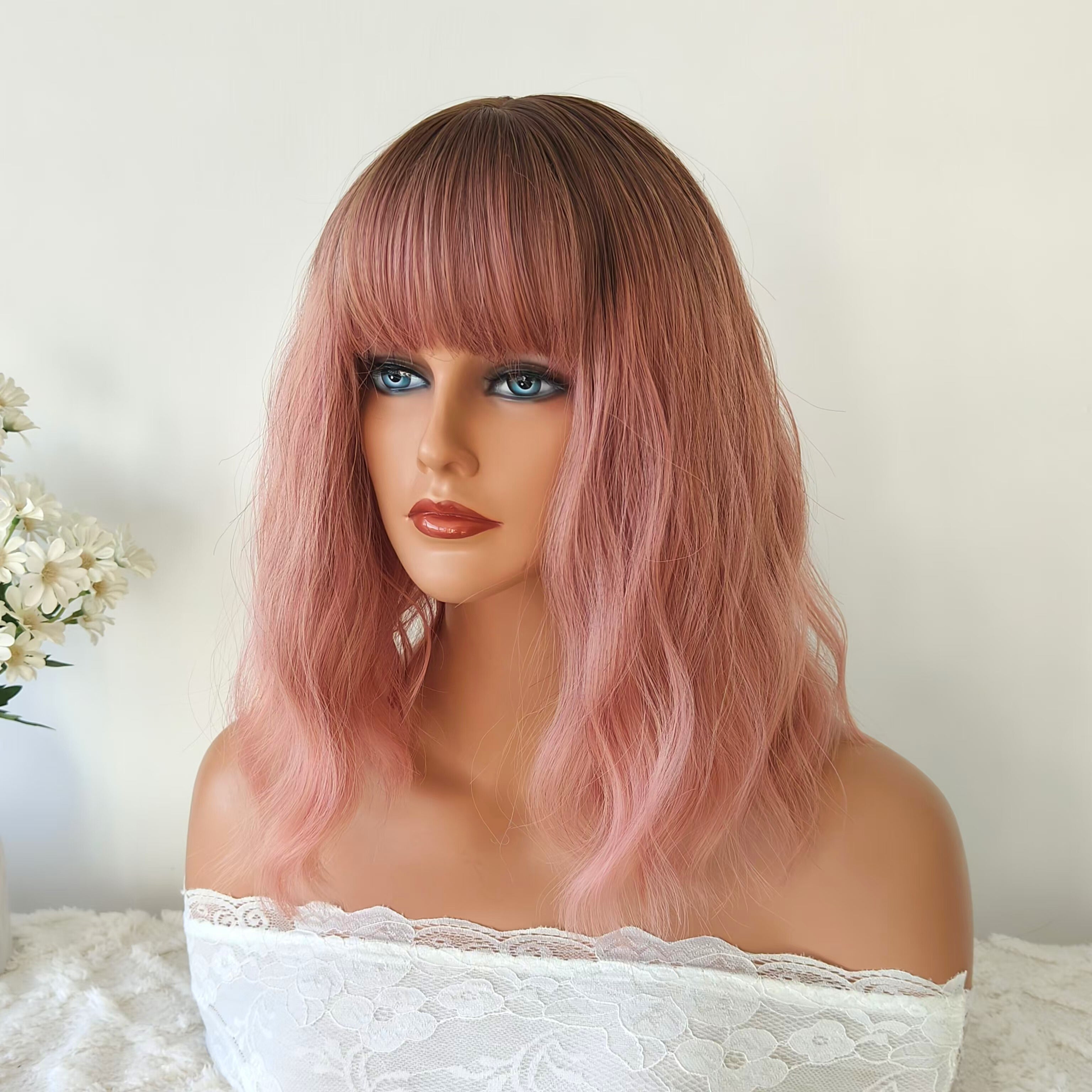 Pink Short Wavy Wig with Bangs
