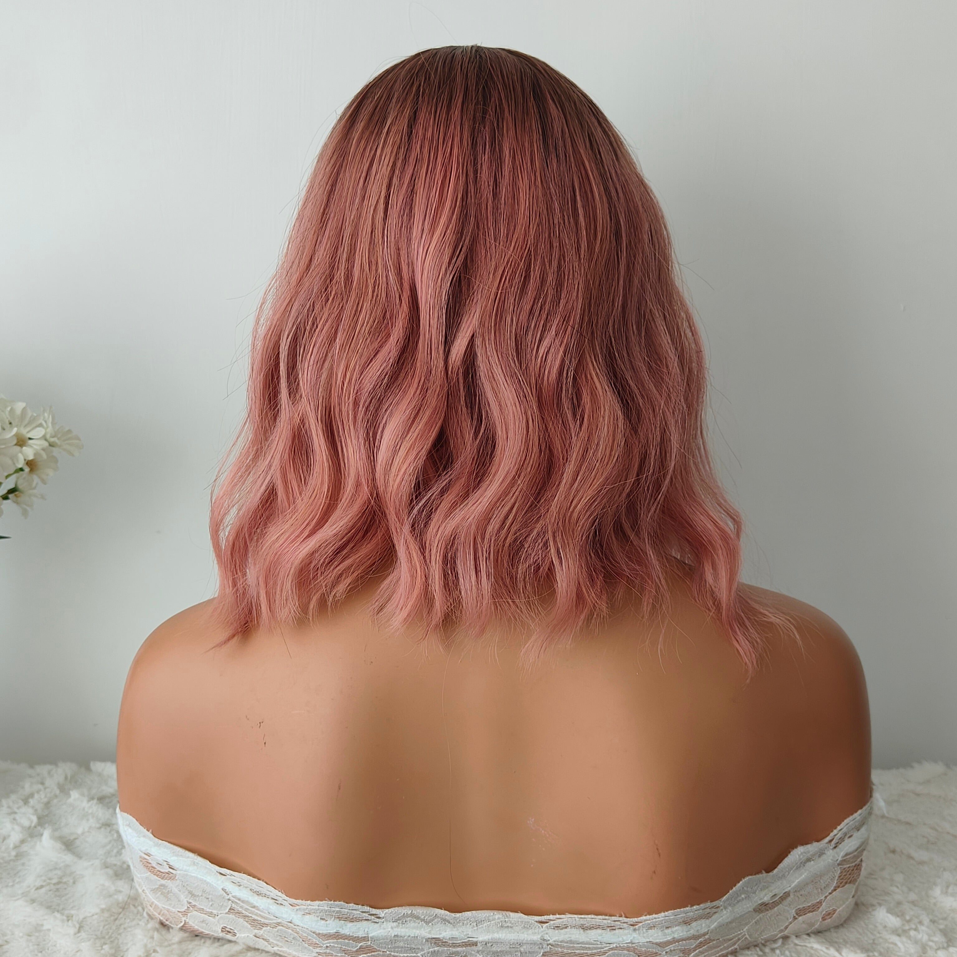 Pink Short Wavy Wig with Bangs