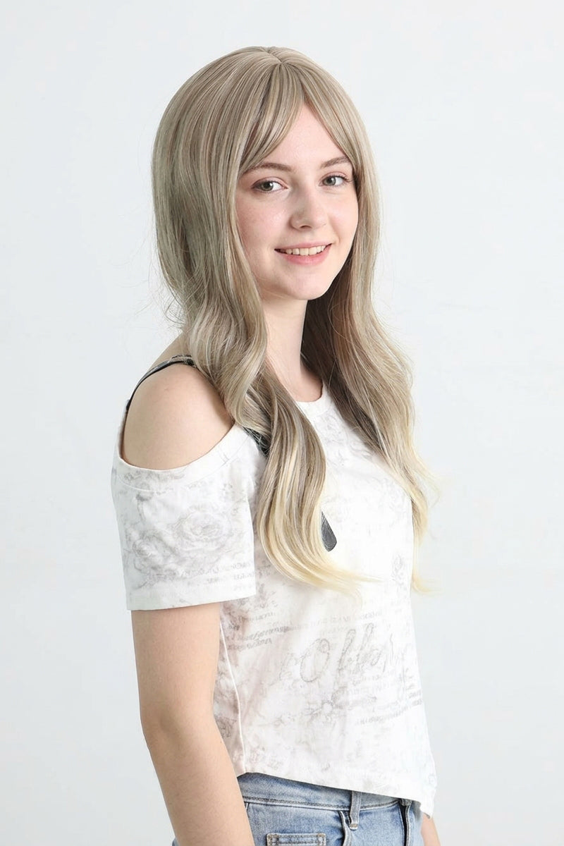 Grey Long Wavy Wig with Bangs