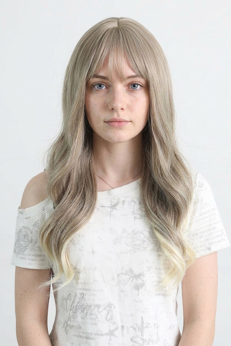 Grey Long Wavy Wig with Bangs