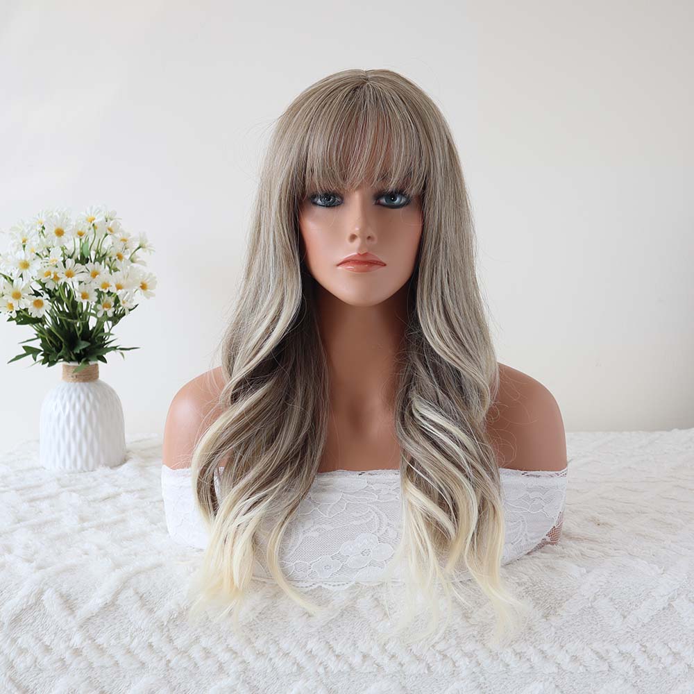 Evelyn Grey Long Wavy Wig with Bangs